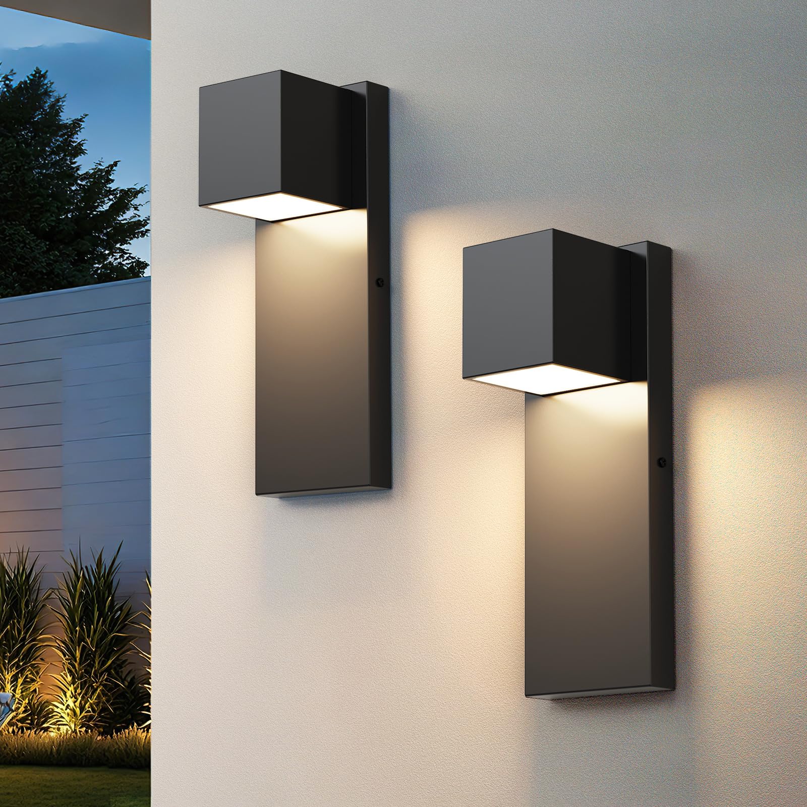2 pack modern led outdoor wall light,16w 3000k 1300lm,ip65 waterproof black