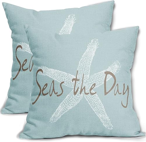 Fundas de almohada de playa de 20 x 20 pulgadas almohada náutica costera de playa azul espuma de mar estrella de mar decorativa funda de almohada