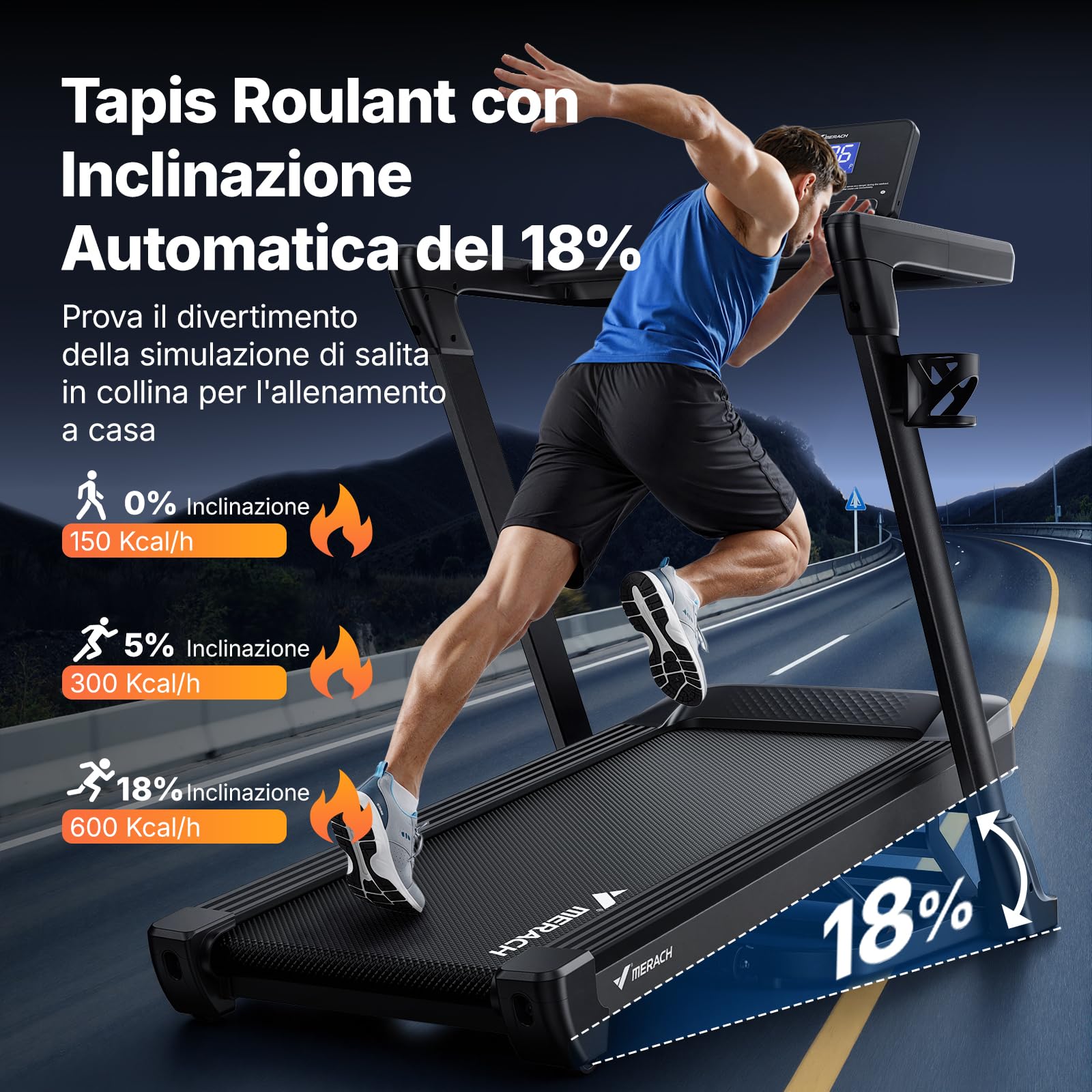 MERACH Tapis roulant per casa con pendenza, 18% di inclinazione automatica, 1-14 km/h, tapis roulant pieghevole, 3,5 HP Walking Pad, Treadmill for Home Max 159 kg, 46 x 120 cm, tapis roulant APP con