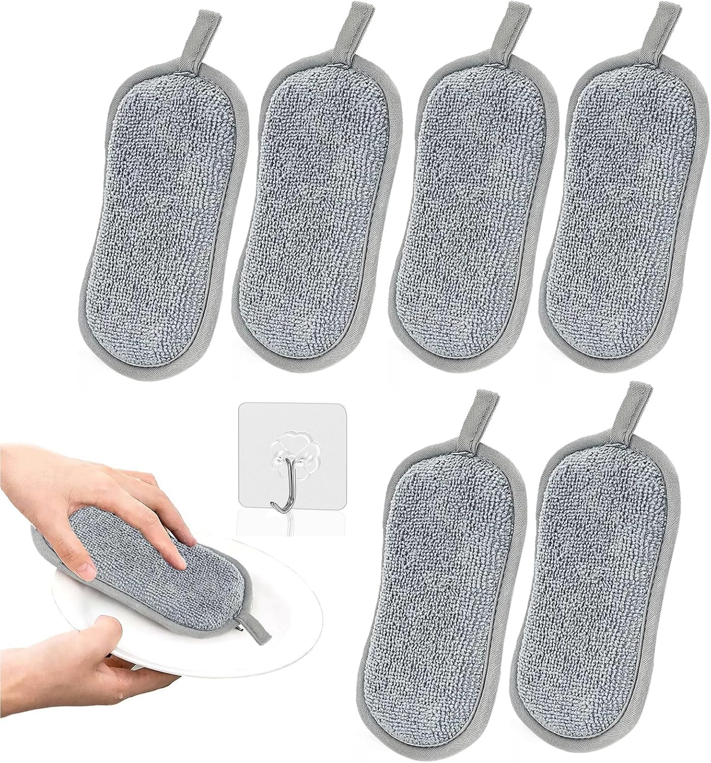 9 Pack Reusable Washing Up Sponge, Double Sided Dishwashing Cloth Dish Scrubber Sponges Non Scratch Sponges for Kitchen Bathroom, and 3 Hooks Long Lasting Cleaners