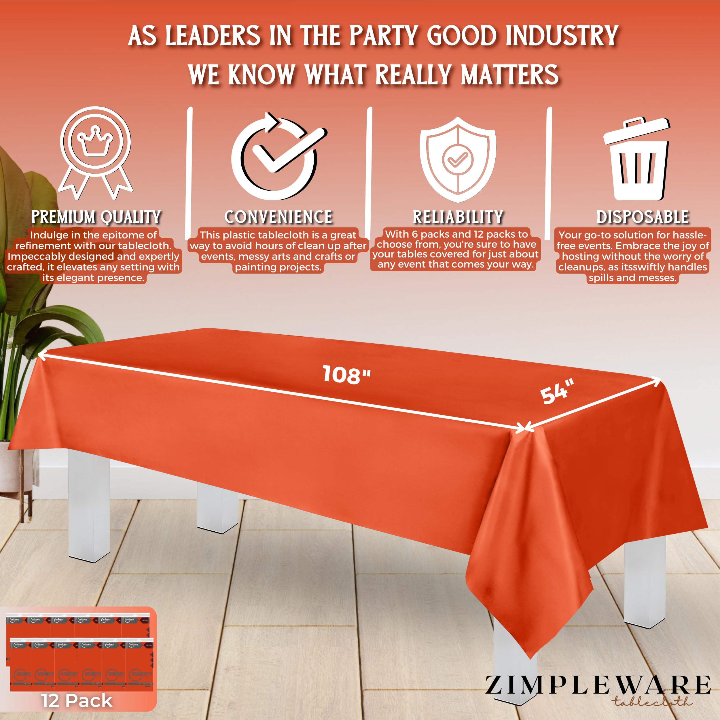 ZIMPLEWARE, tovaglia standard usa e getta, in plastica, 12 pezzi, 12 cm x 300 cm, colore: arancione