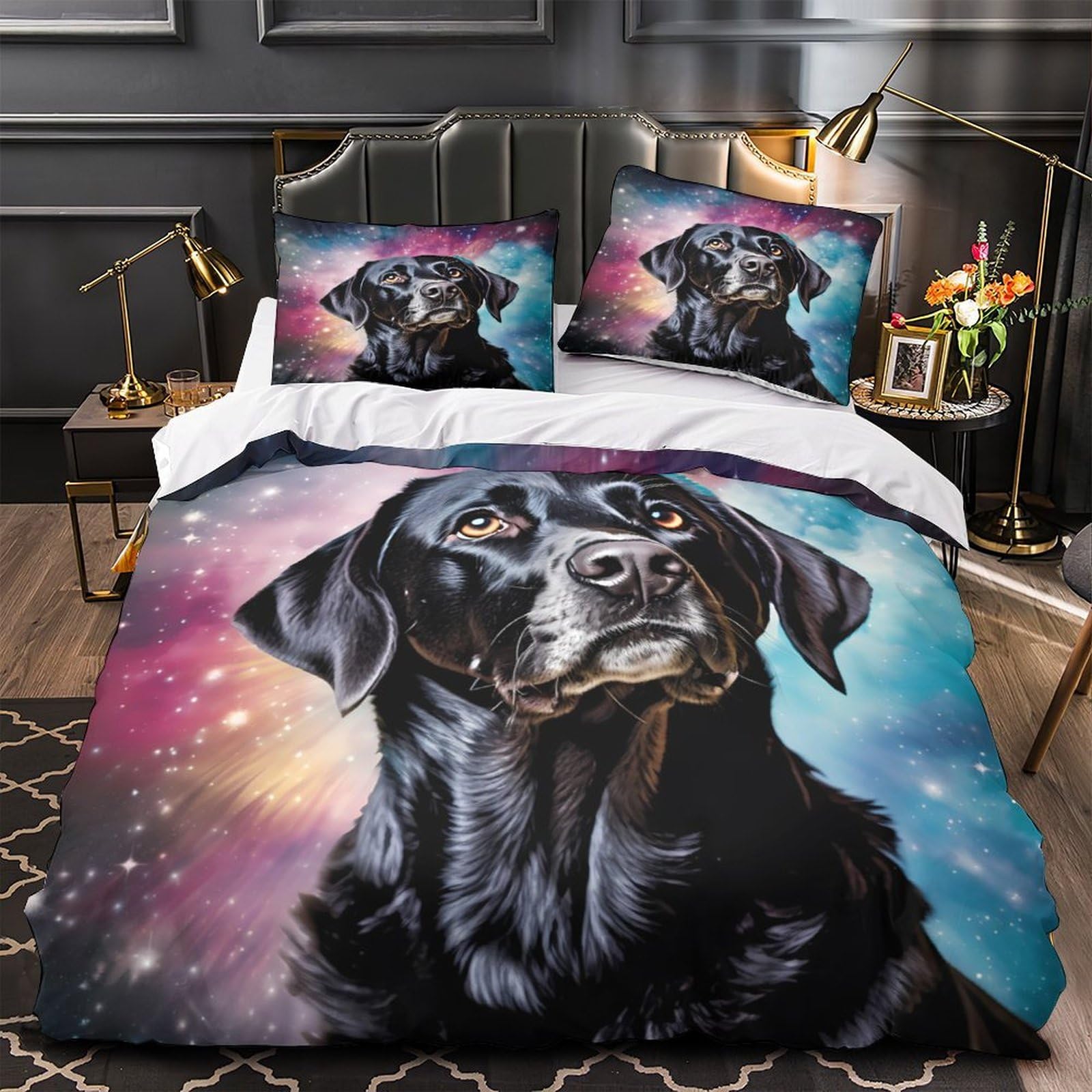 MMDASBVPE Black Dog Portrait Duvet Cover 3D Print Durable 3 Pcs Bed Linen Hidden Zipper Cosmic Quilt Cover Premium Breathable for Kids Adults Women Teens Youth Girls Boys Super king（260x220cm）