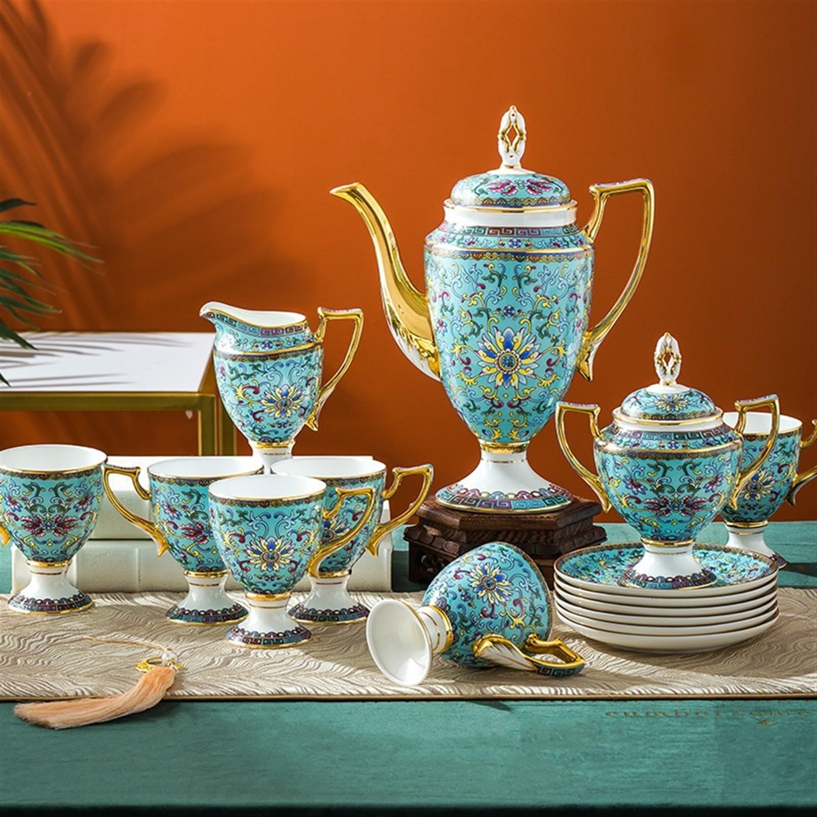Jarra Juego de té la tarde café cerámica 15 piezas | Juego de taza y platillo de café Bone China