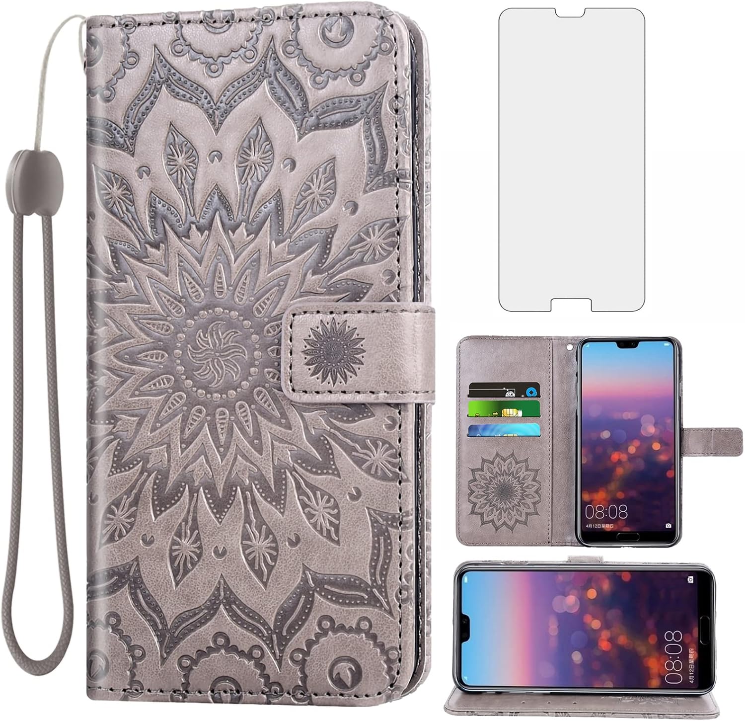 Asuwish Phone Case for Huawei P20 Pro Wallet Cases with Tempered Glass Screen Protector and Leather Slim Flip Cover Card Holder Stand Cell Accessories Hwauei Hawaii P 20Pro 20 P20pro Women Men Gray