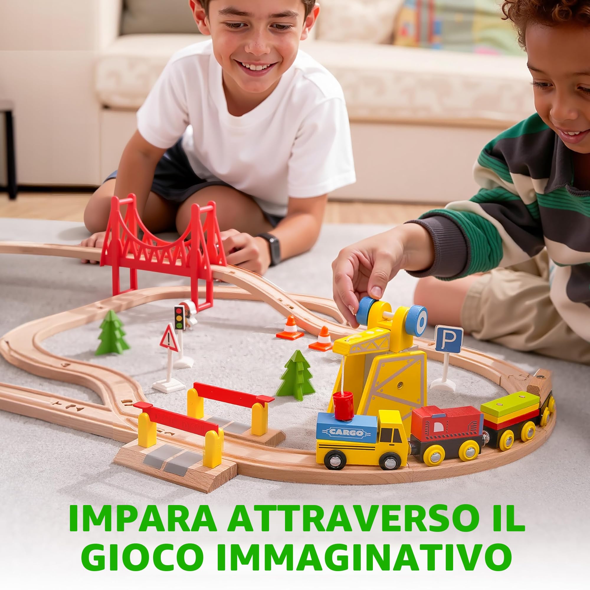 SYNCFUN 60 pezzi Montessori Set di Treni in Legno Giocattolo per Bambini 3 4 5 6, Pista Macchinine, Ferrovia Ingegneristica con Gru Magnetica, Treni e Accessori, Regalo per Bambini e Bambine