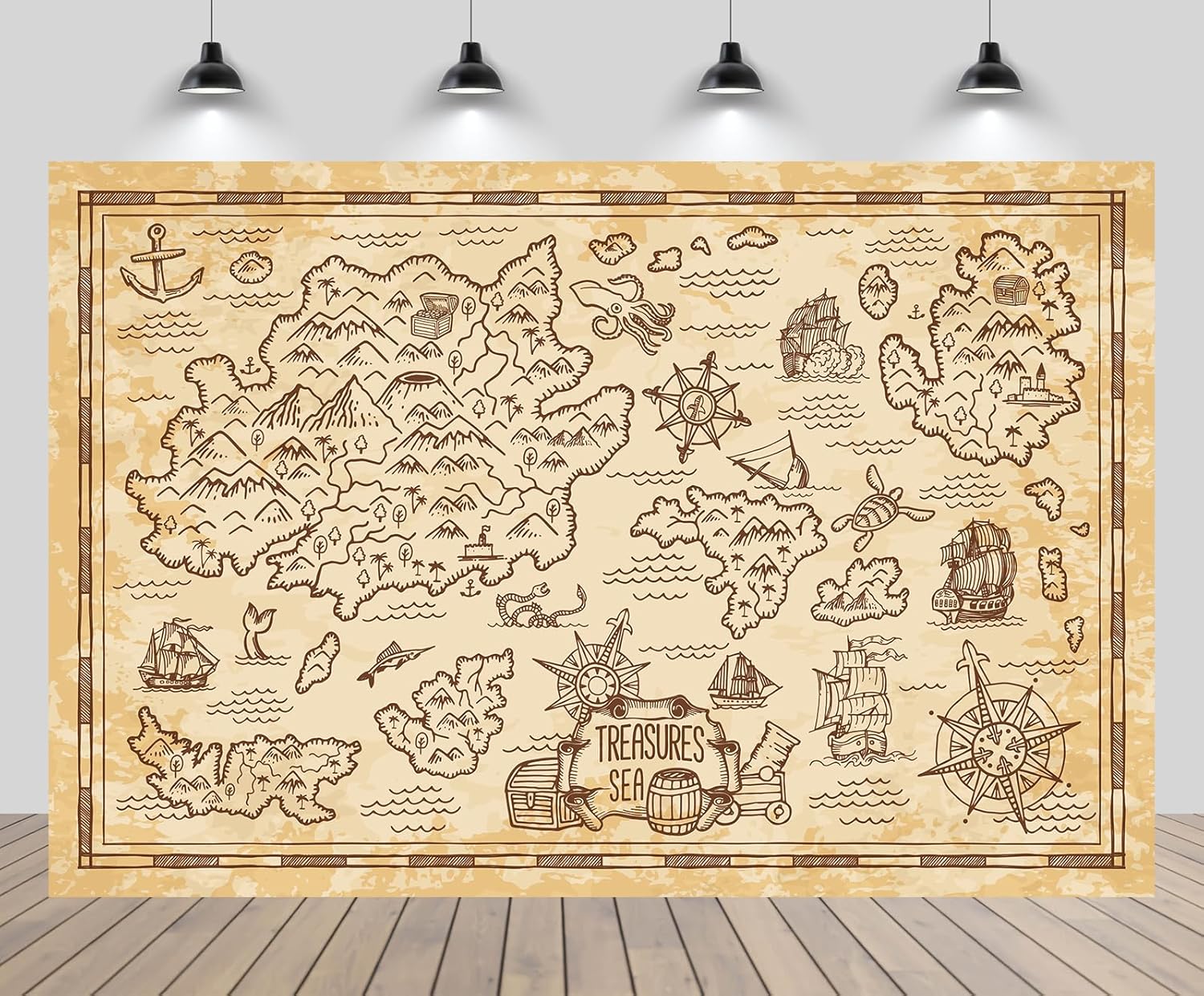 7ftx5ft Pirate Treasure Map Backdrop Vintage Map Island Compass Treasure Sea Adventure Navigation Background Pirate Travel Theme Birthday Party Decor Photo Booth Studios Props Wallpaper 7x5FT B1-1139