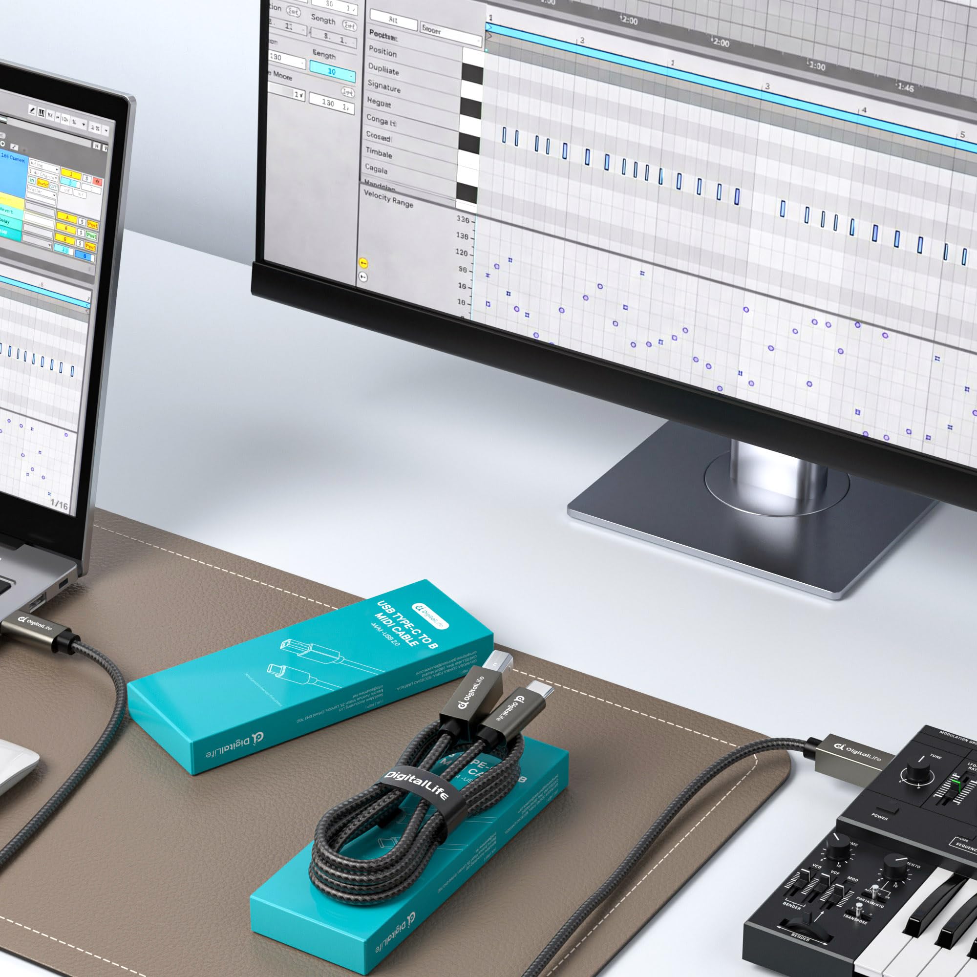 DigitalLife Câble Interface MIDI USB-B vers USB-C 2M, Tressé en Nylon - Pour Claviers, Contrôleurs et Instruments MIDI - Compatible Windows 11, macOS 15 et Linux
