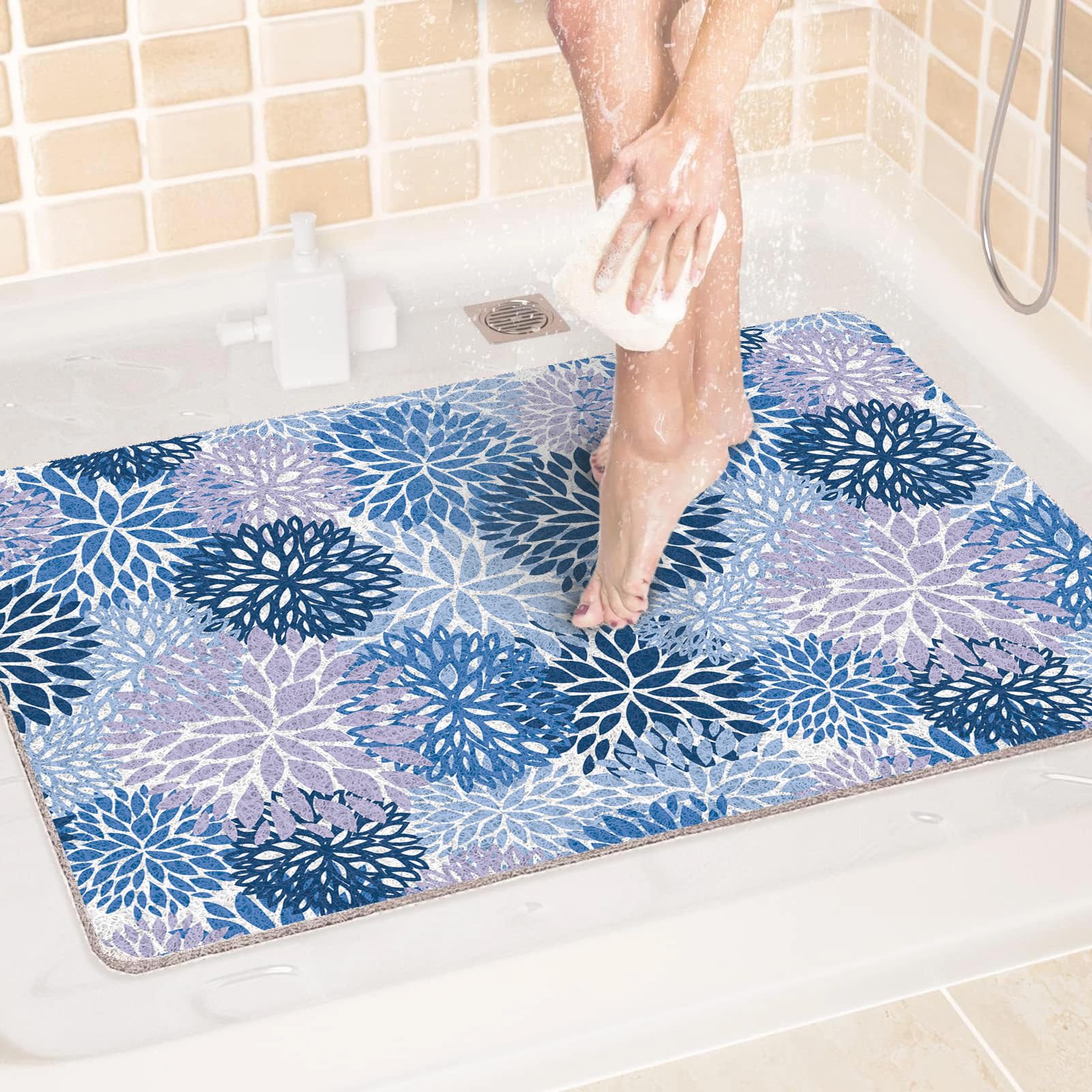 Bath Mat for Inside Shower, 120x180cm Loofah Shower Mat Non Slip Quick Dry Soft PVC Bath Pad for Bathroom Wet Areas, Light Blue Dark Blue