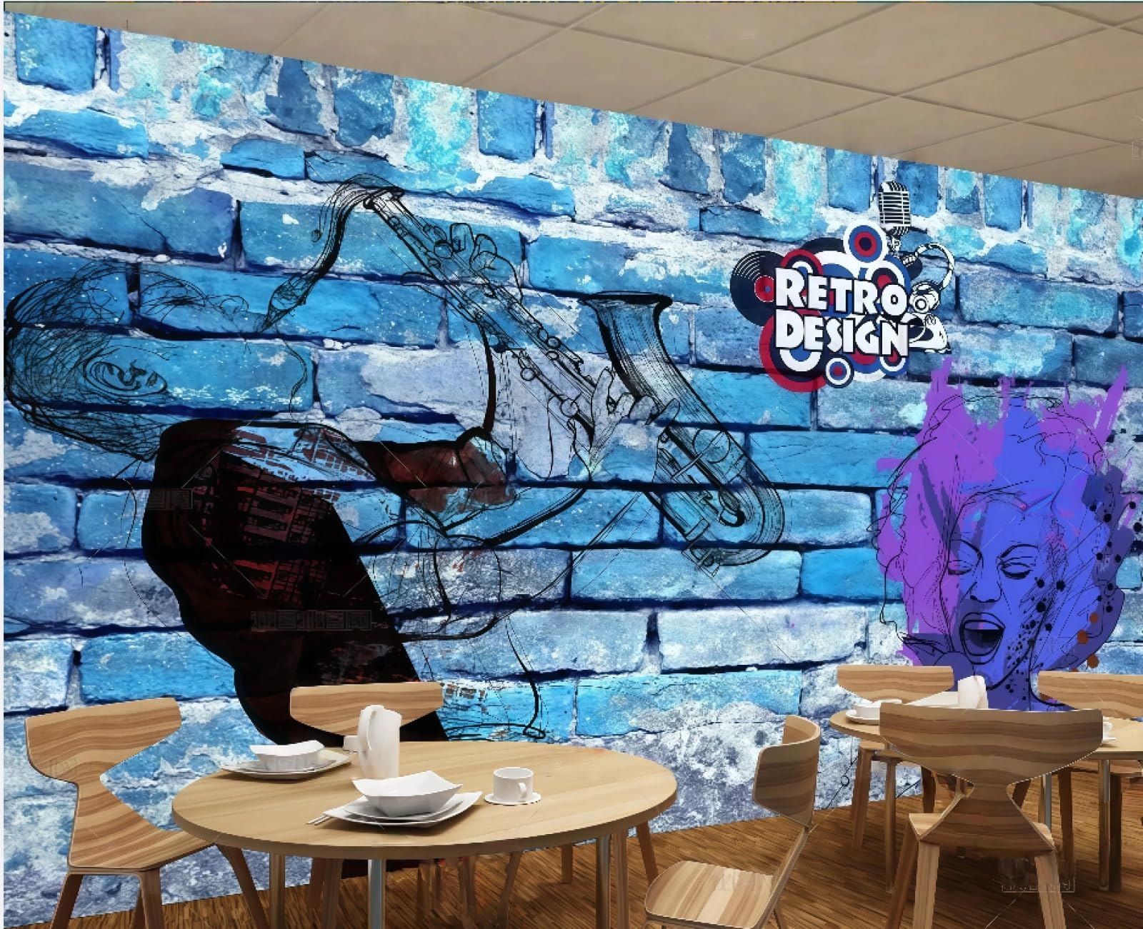 rskjdghshd Wallpaper Retro Nostalgic Blue Graffiti Brick Wall Music Bar Afternoon Tea Burger Shop Background Wall Western Restaurant Wallpaper Cafe Mural,3D,250x175cm