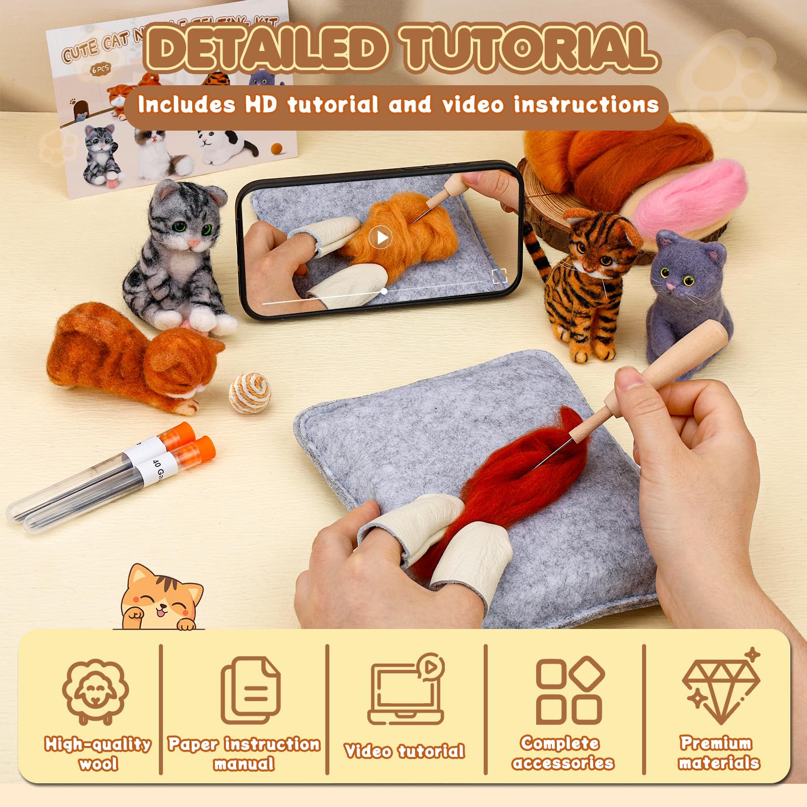 Doxiru Needle Felting Kit, 6 Pcs Cat Animal Felted Beginner Kits, Needle Felting Tools with Instruction, Wool Pad - Image 4