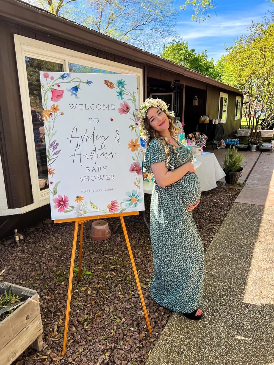 Floral Print V Neck Maternity Dress Boho Baby Shower Photoshoot Smocked Flutter Sleeve Split A Line Dress - Image 3