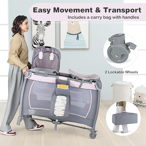 Miniatura 9 de BABY JOY 4 en 1 Pack and Play, corralito portátil para bebé con moisés y cambiador de pañales, cuna infantil centro de actividades para cuna con