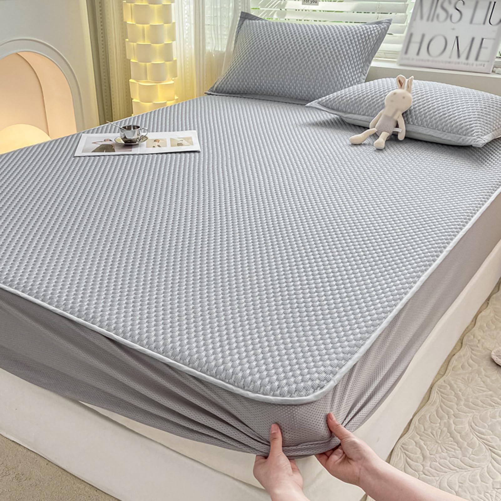Sommer Spannbettlaken Set Kühlende Bettlaken | Atmungsaktive Spannbetttücher mit Kissenbezüge 3D Bohnenform Cool Ice Silk Schlafzimmer Bed Sheets für Heißschläfer