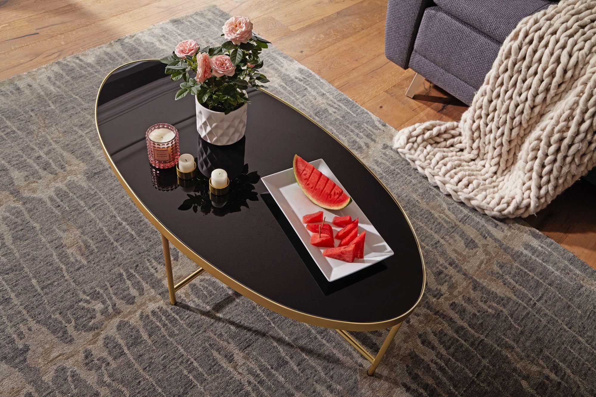 FineBuy Couchtisch Oval 110x56x40 cm Glas Schwarz mit Goldgestell