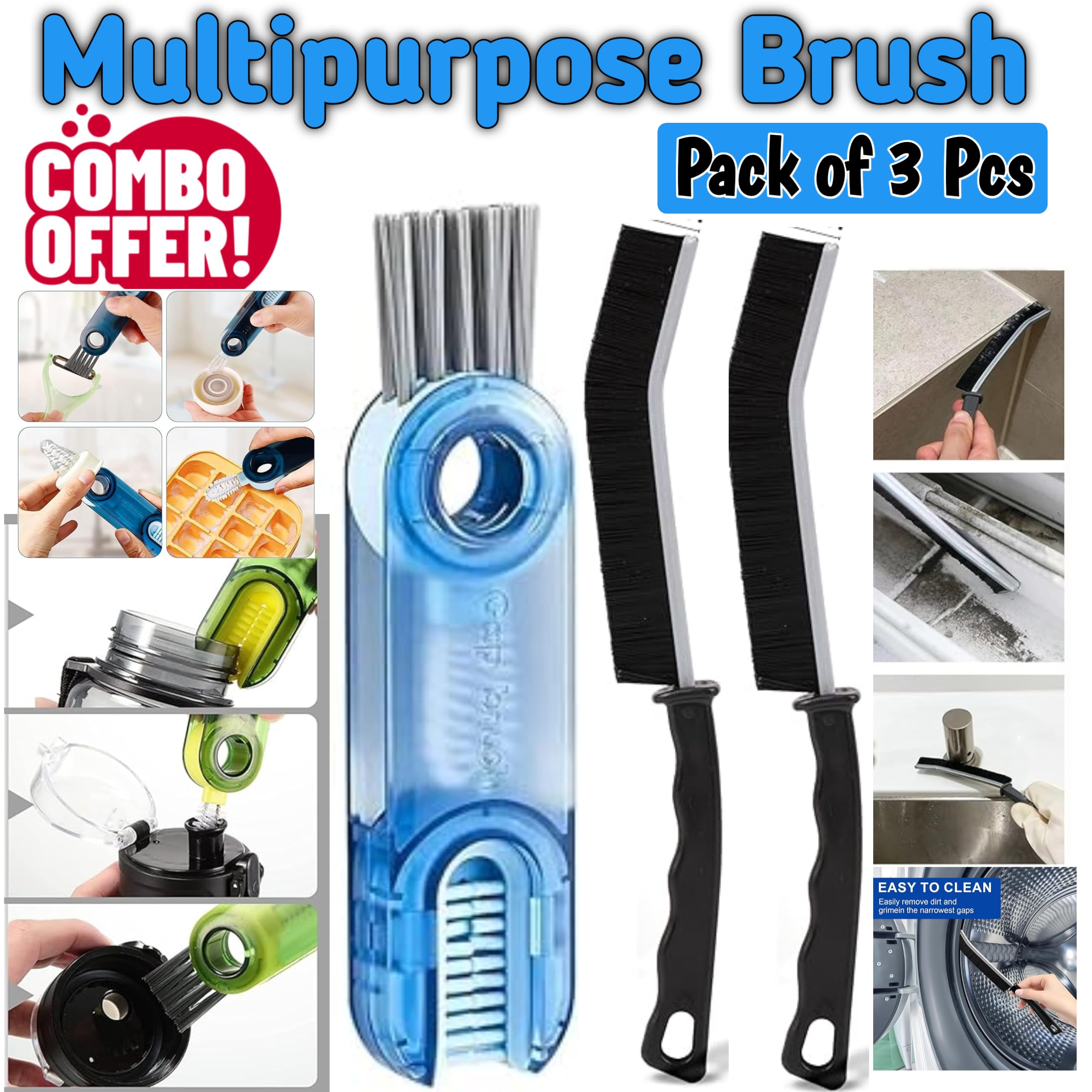 Sarthu 3 in 1 Multifunctional Cleaning Brush, Gap Cleaning Brush Multifunctional Cleaning Brush (Multi Color pak of 3)