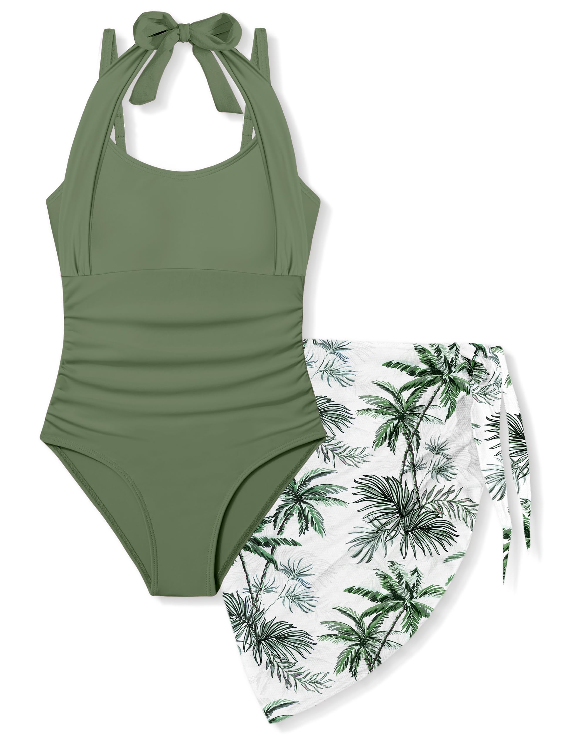 Girls Swimsuit Set - Halter Neck One Piece Bathing Suit with Tropical Cover Up Skirt Swimwear for Kids 7-18Y