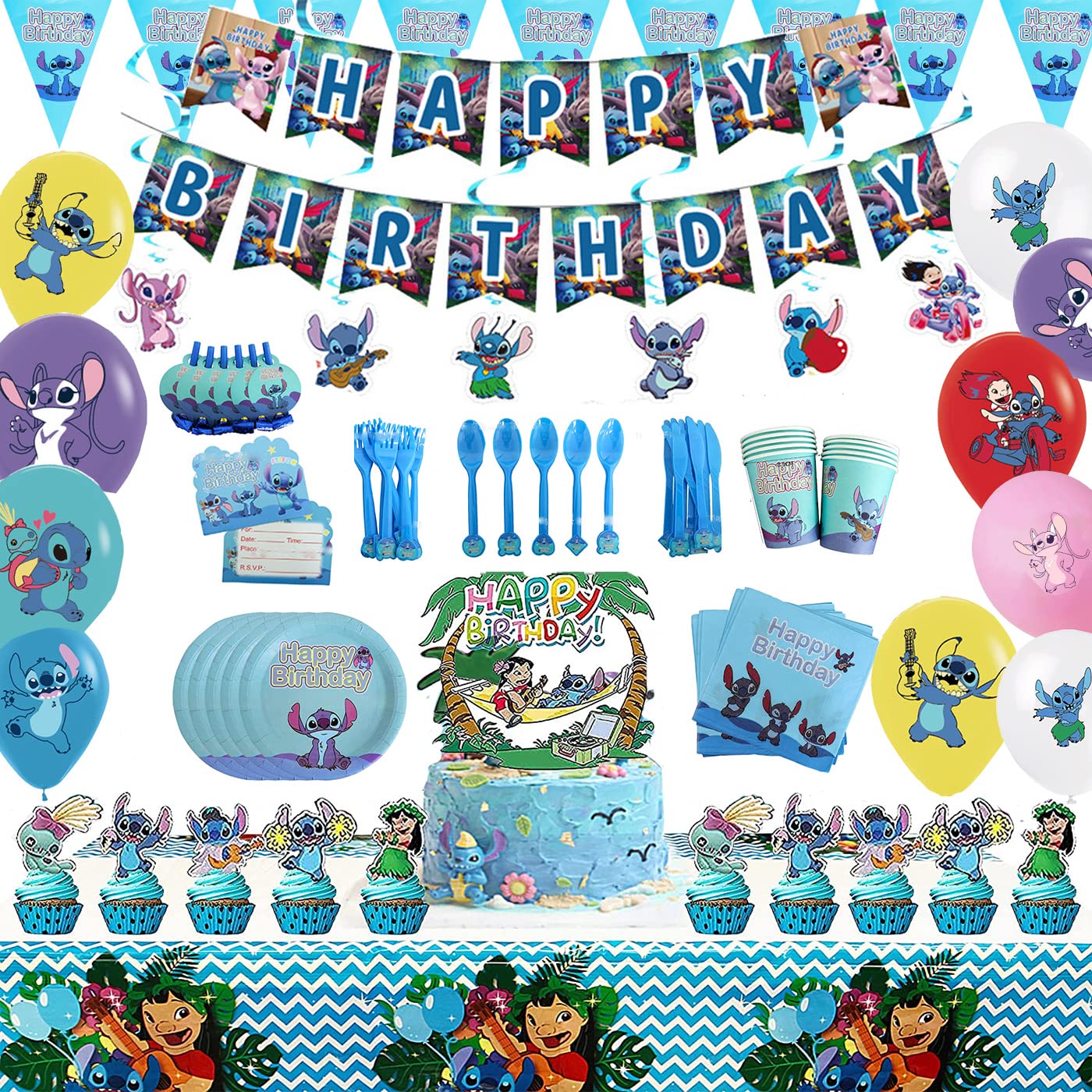 Lilo and Stitch birthday Party Supplies Set 134pcs Birthday Decorations for 10-Kids Lilo and Stitch Theme Party includes Banner,Tablecover,Plates,Knives,Spoons,Forks For Stitch Birthday Party Decoration
