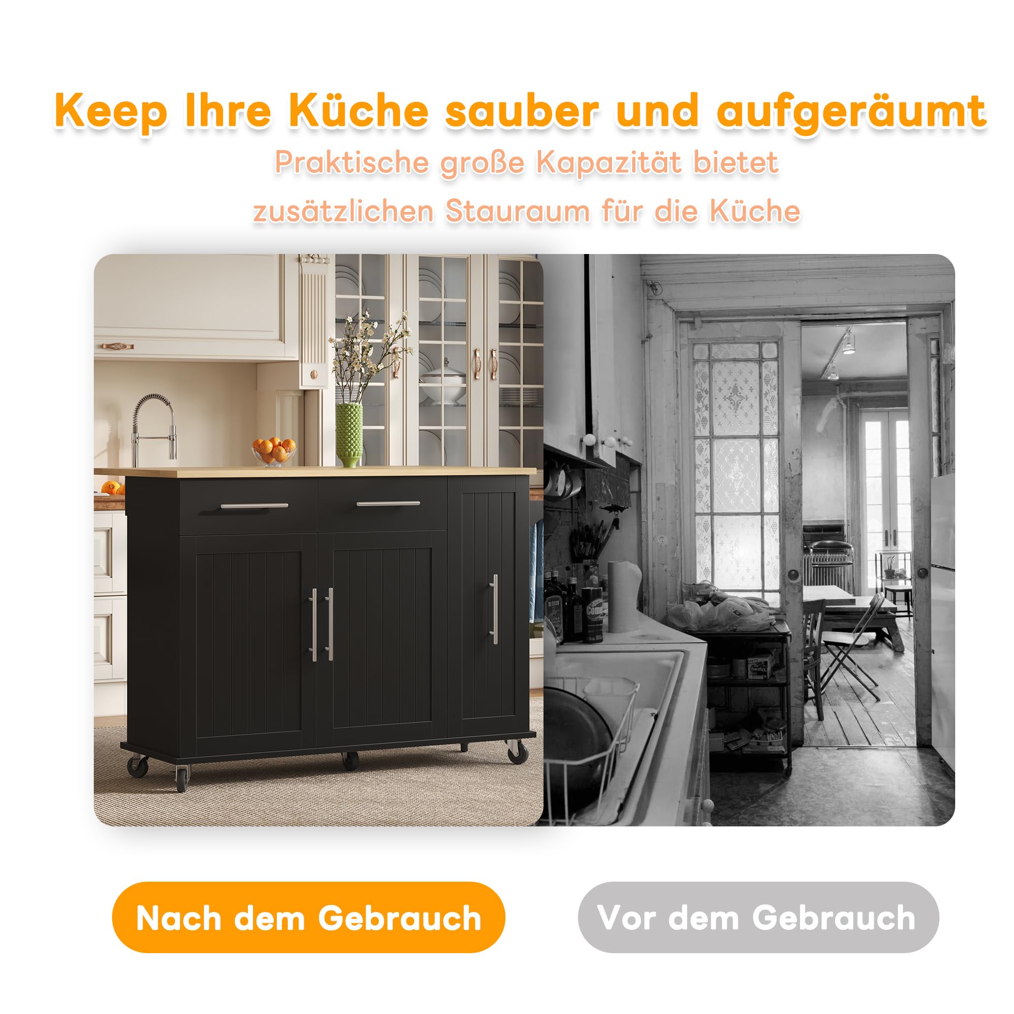 Merax Kücheninsel mit Klappbarer Arbeitsplatte, Kitchen island mit 5 Rollen, 2 Schubladen, Tier Pull Out Cabinet, Handtuchhalter und Gewürz, Küchenwagen, Küchenschrank für Küche, 120×65×90cm (Schwarz)