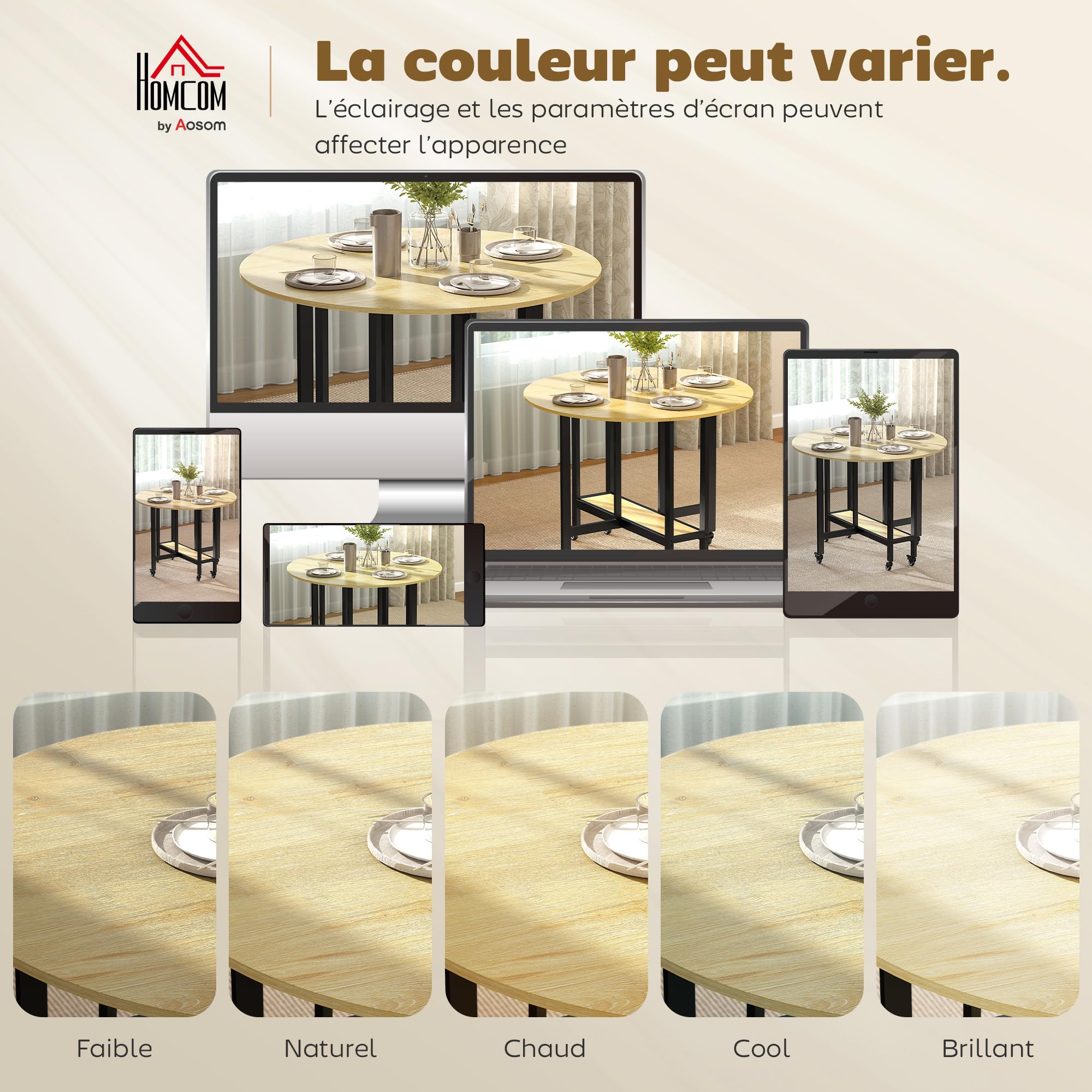 HOMCOM Table à Manger Pliante sur roulettes Ronde 100 x 100 x 75 cm Chêne