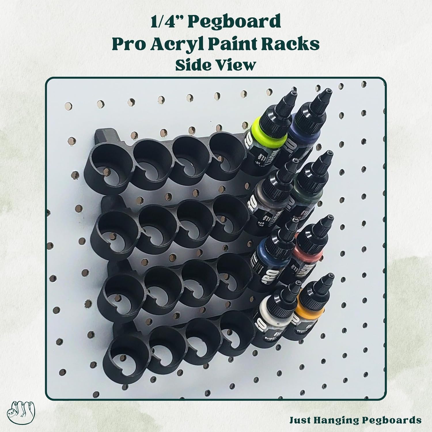 Just Hanging 1/4" Pegboard Paint Rack – Compatible with 22mL Pro Acryl Bottles by Monument Hobbies, Holds 6 Paints/Holder, Pegboard Organizer for Miniature & Hobby Paint Storage (4, Matte Black)