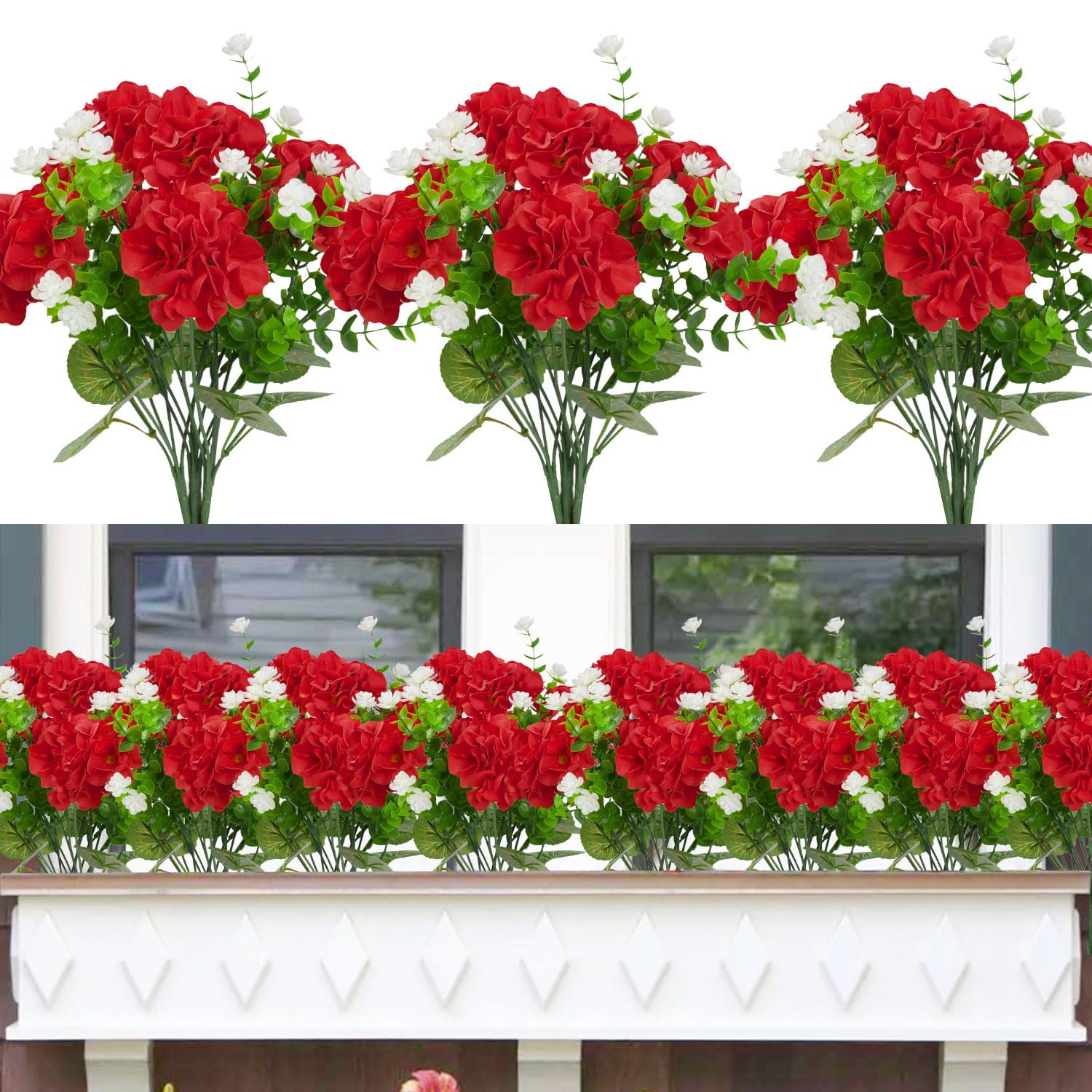 Famibay 6PCS Artificial Geranium Flowers Outdoor Mixed 2PCS Plastic Greenery Shrubs Faux Plants Outdoor UV Resistant for Garden Balcony Window Boxes Decorations — image 1