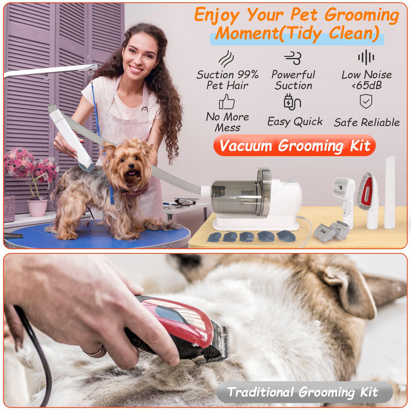 Kit De Aseo para Perros con Aspiradora,Aspiradora 2 En 1 Pelo Mascotas,10000pa,Elimina El 99% del Pelo,Bajo Nivel Ruido,Cortapelos Y Gatos,Ideal Cuidado Casa La Muda(White)
