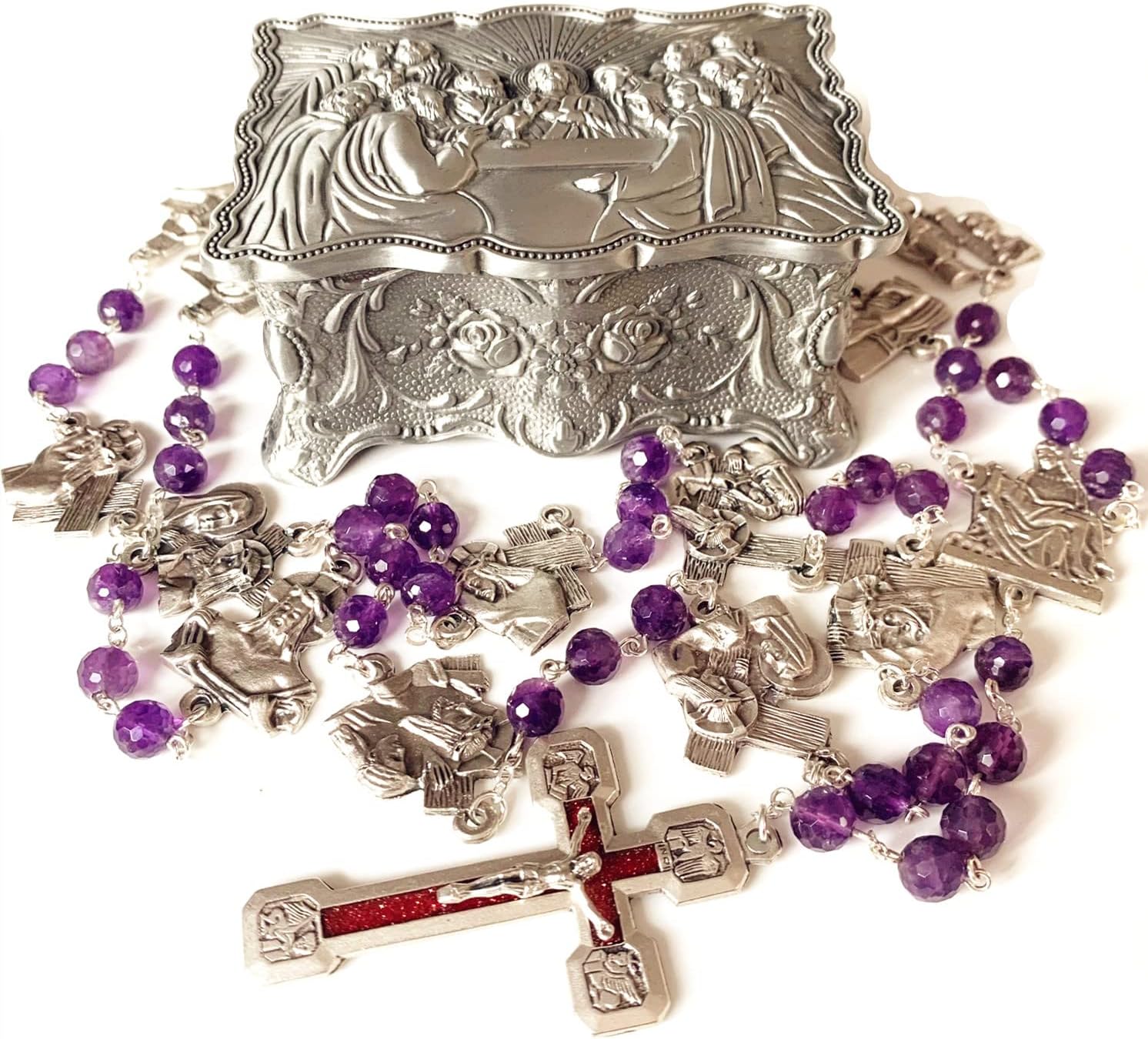 elegantmedical Stations of the Cross Prayer Rosary Natural Faceted Amethyst Beads Necklace Catholic Gifts Last Supper Box