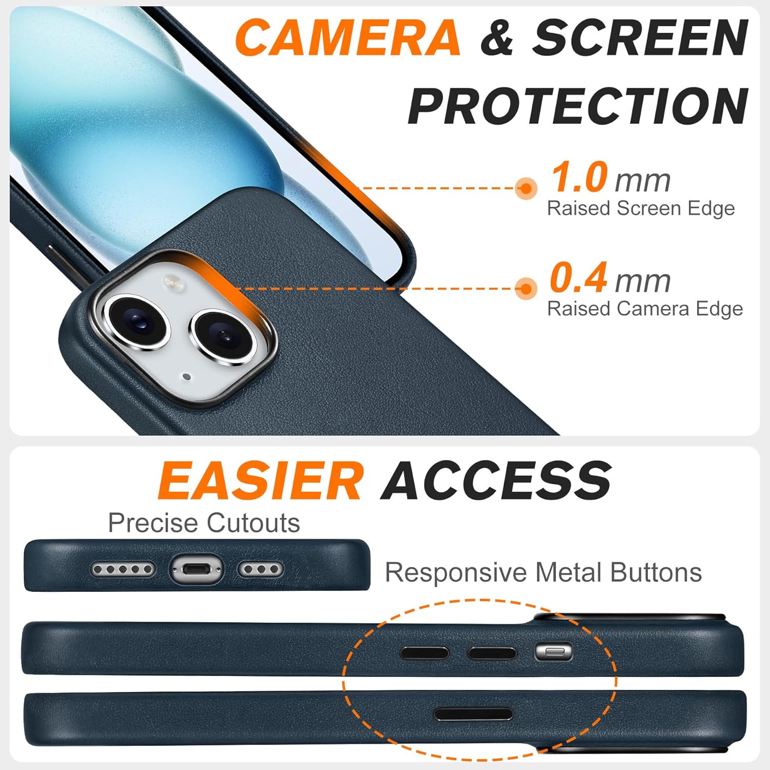 SHIELDON Genuine Leather Case for iPhone 15 2023, Magnetic Wireless Charging Slim Non-Slip Anti-Scratch Shock-Absorbent Phone Case Cover with Metal Buttons Compatible with iPhone 15 6.1" - Navy Blue - Image 7