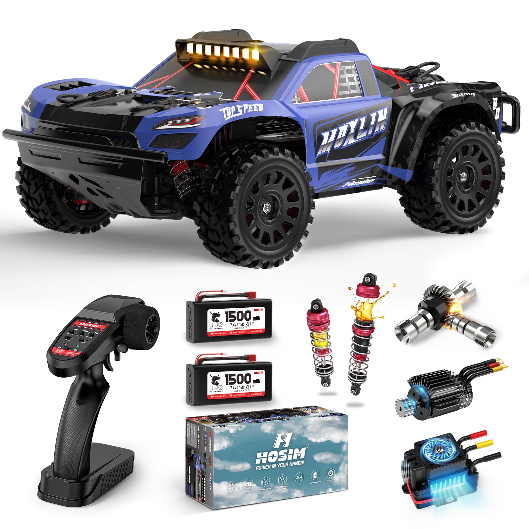 Hosim Camion radiocomandato per adulti e bambini, senza spazzole, 60 km/h, auto elettrica telecomandata fuoristrada, auto radiocomandata fuoristrada, 40+ minuti di gioco con 2 batterie, veicolo