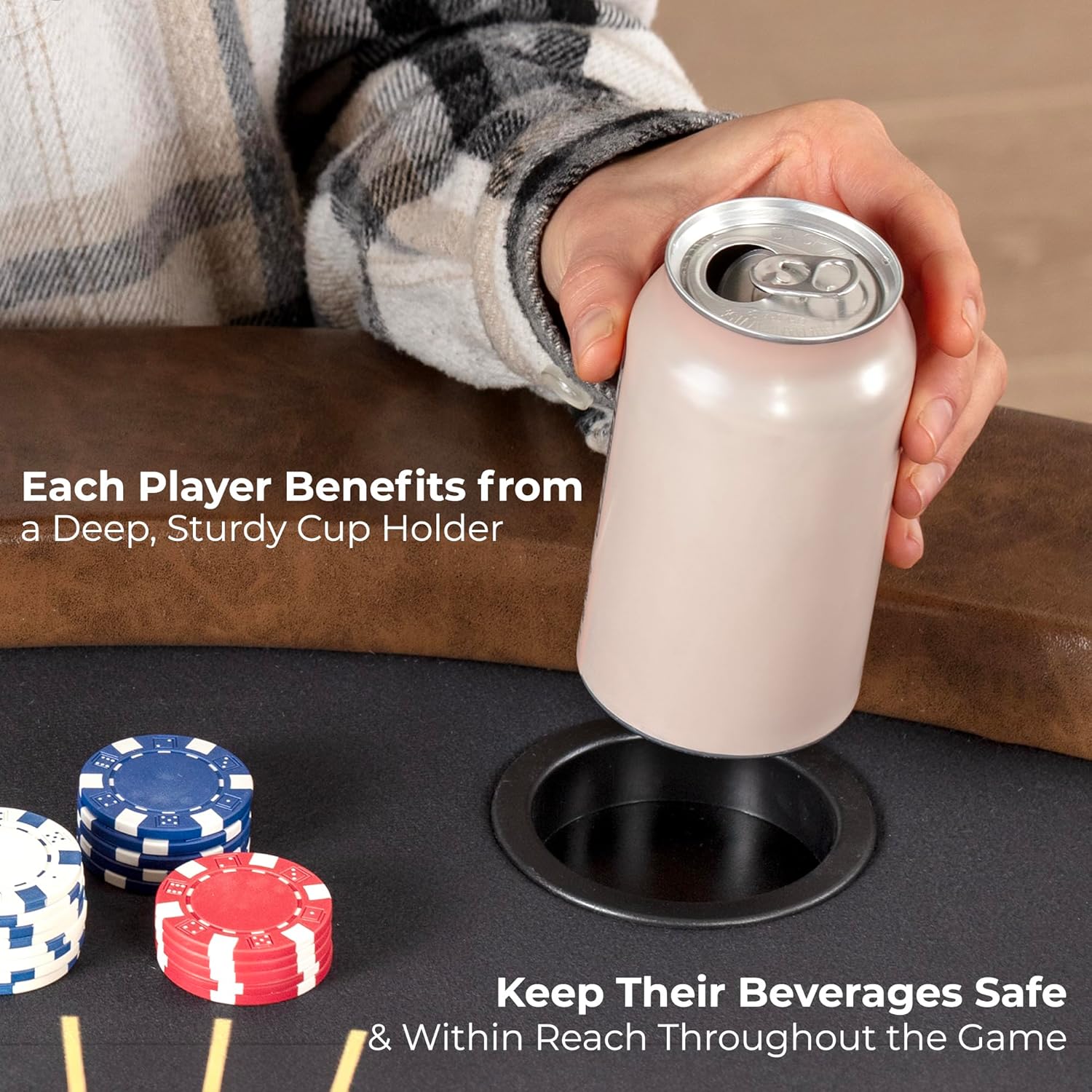 SereneLife 8- Player Round Foldable Poker Table, Casino Leisure Texas Holdem Table, w/ water Resistant Cushioned Rail, 8 Cup Holders, Brown Felt Surface, Black Jack Board & Family Games (Chocolate)