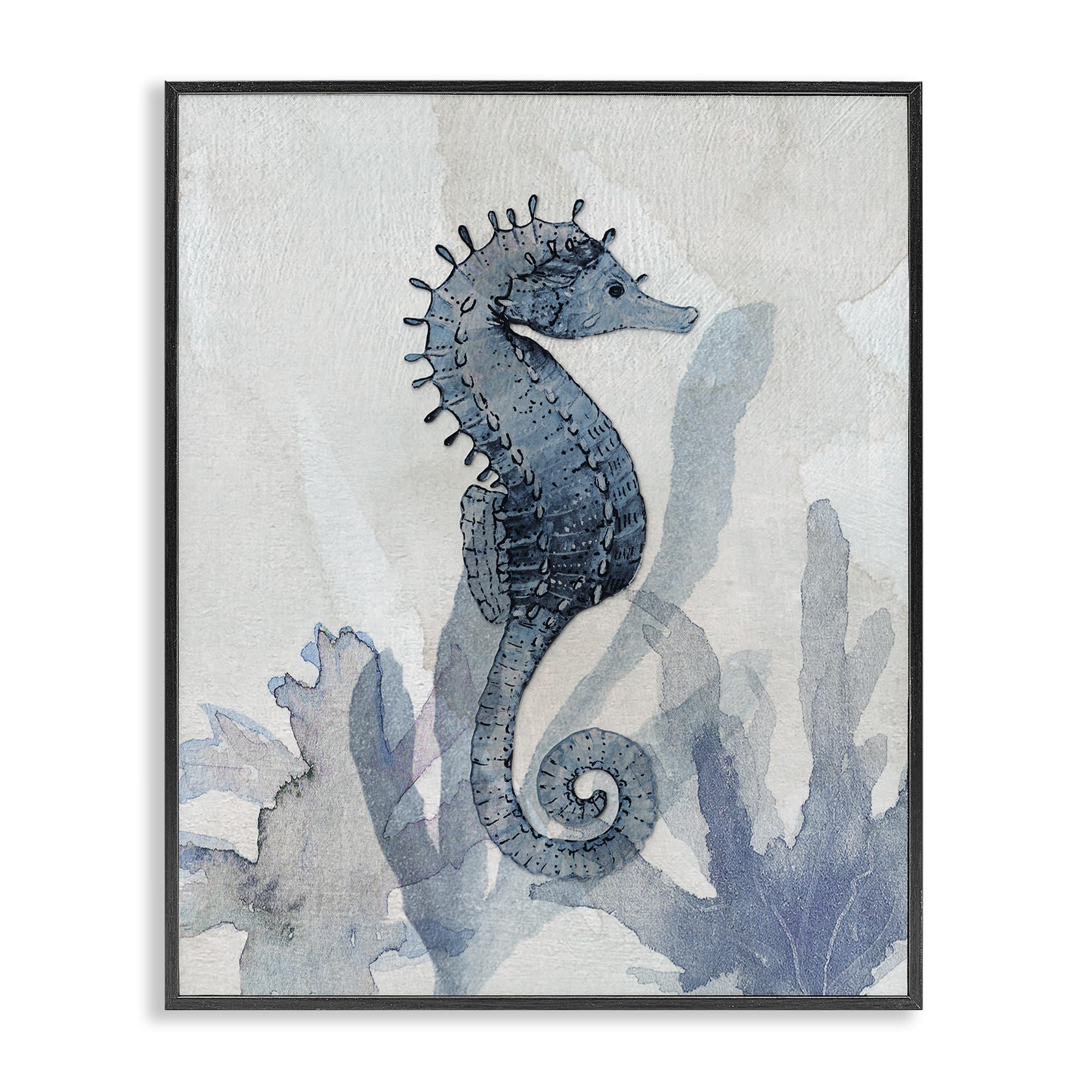 Stupell Industries Midnight Black (Textured) Seahorse Seaweed Nautical Impressions, 24 X 30 Inch Framed Giclée Print