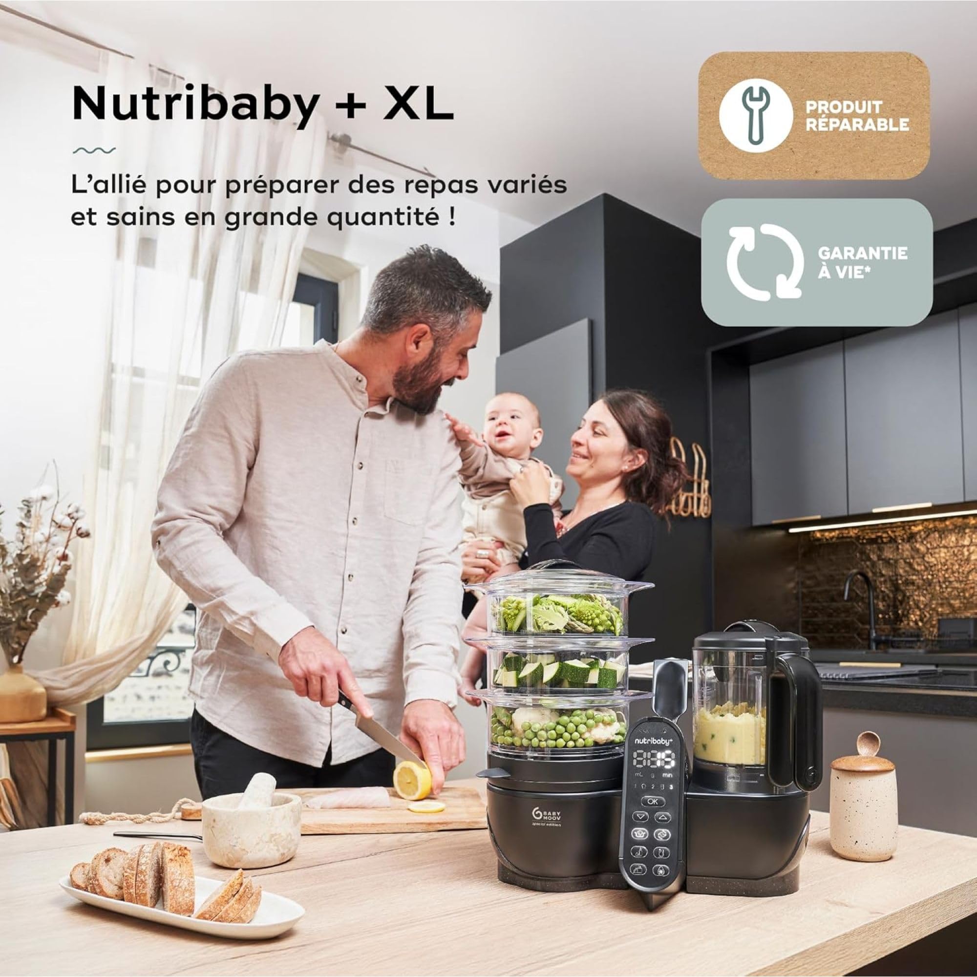 Babymoov Nutribaby (+) XL Robot Cooker, duża pojemność 2,9 l, do 14 posiłków w 1 cyklu, 6 funkcji w 1-2 koszach na parze - dywersyfikacja żywności - mikser dla niemowląt, czarny
