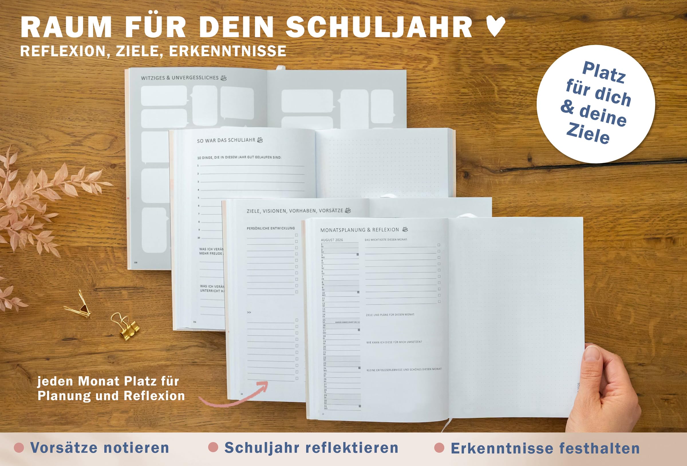 Eine der Guten Grundschulplaner 2026/2027 A5 Softcover – Lehrerkalender Grundschule 2026 2027 | Leseband, 6 Stunden, Beobachtungsbögen | nachhaltig, FSC-Papier, klimaneutral | Creme Blau Rosa Blumen
