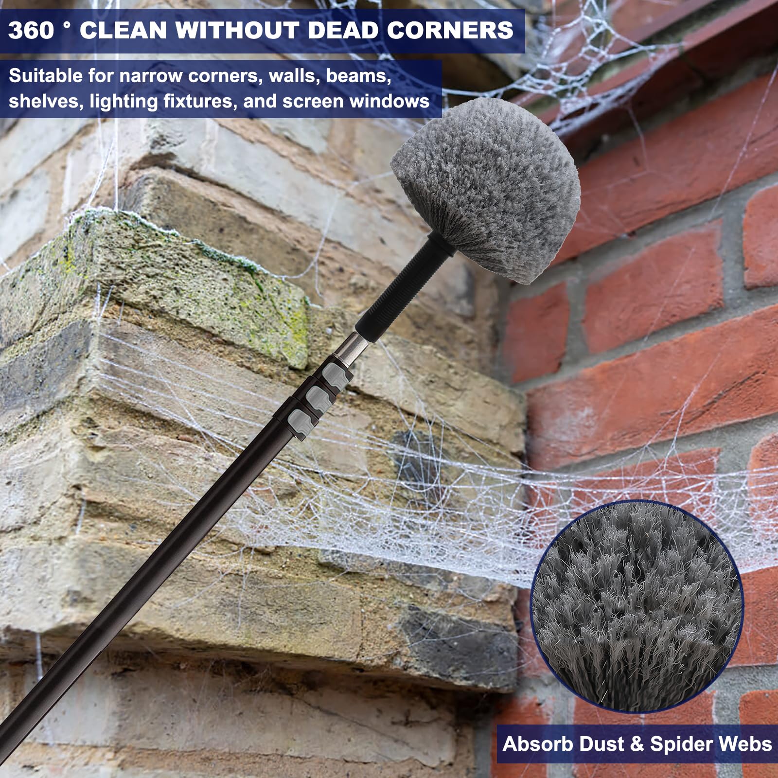 Cepillo de cabeza de telaraña de alta eficiencia para limpieza de interiores y exteriores, compatible con postes roscados Acme estándar, color gris (4)