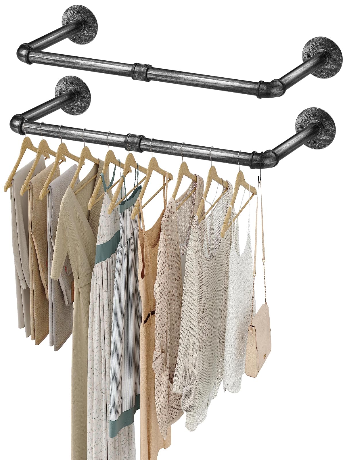 eSynic 2Pcs 60cm Wall Mounted Clothes Rail Retro Black Industrial Pipe Wall Clothing Rails Popular Heavy Duty Metal Clothes Wall Rack Small Hanging Bar for Coats in Bedroom,Laundry Room,Neat Wardrobe