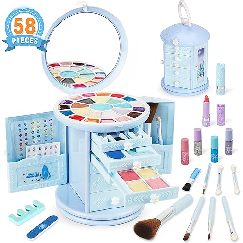 Kids Makeup Kit for Girl - BELLOCHIDDO 58pcs Washable Makeup Sets, Girl Toys Real Cosmetic Makeup Set with Rotating Case, Pretend Makeup Beauty Set Birthday Gift Girl Toys Age 4-5