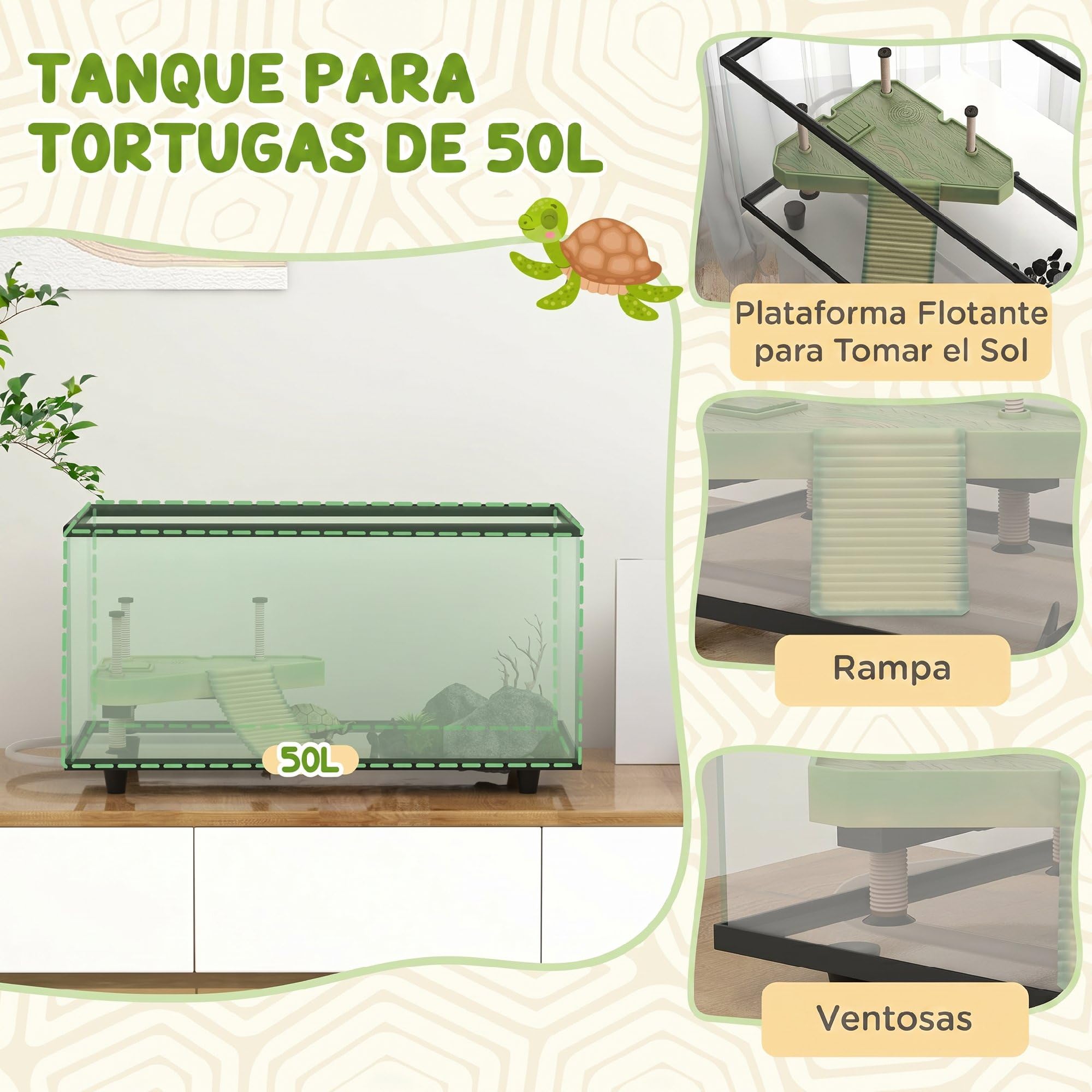 PawHut Acuario para Tortugas 50L con Plataforma 60x30x32 cm Transparente | Terrario de Tortugas Pequeñas, Rampa, Drenaje Fácil, Termómetro Adhesivo