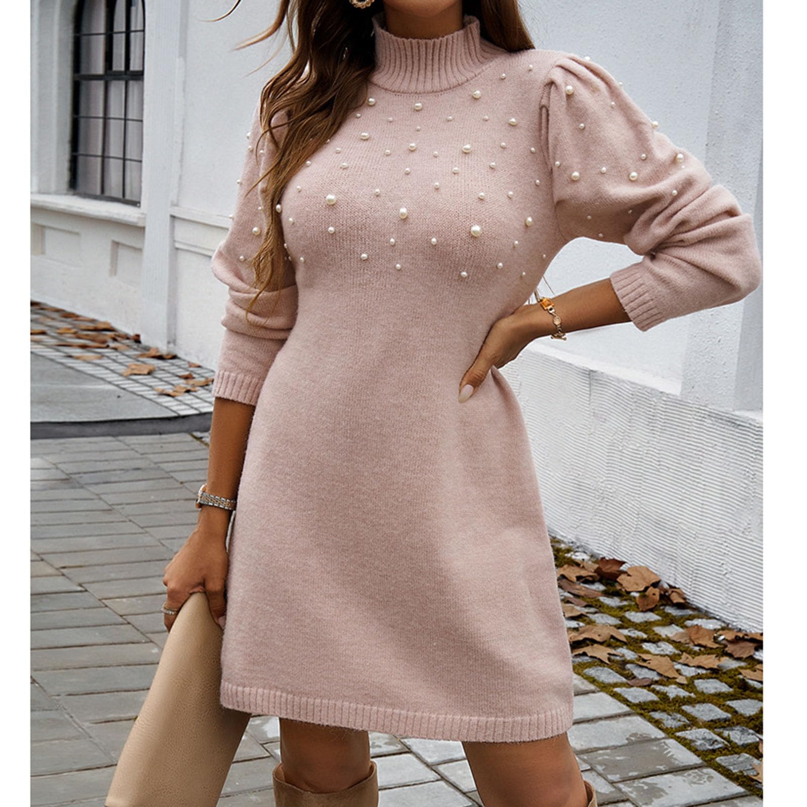 Vestido de Punto de Cuello Alto para Mujer con Adornos de Perlas, Vestido Ajustado de Manga Larga, Elegante Jersey de Punto Ajustado
