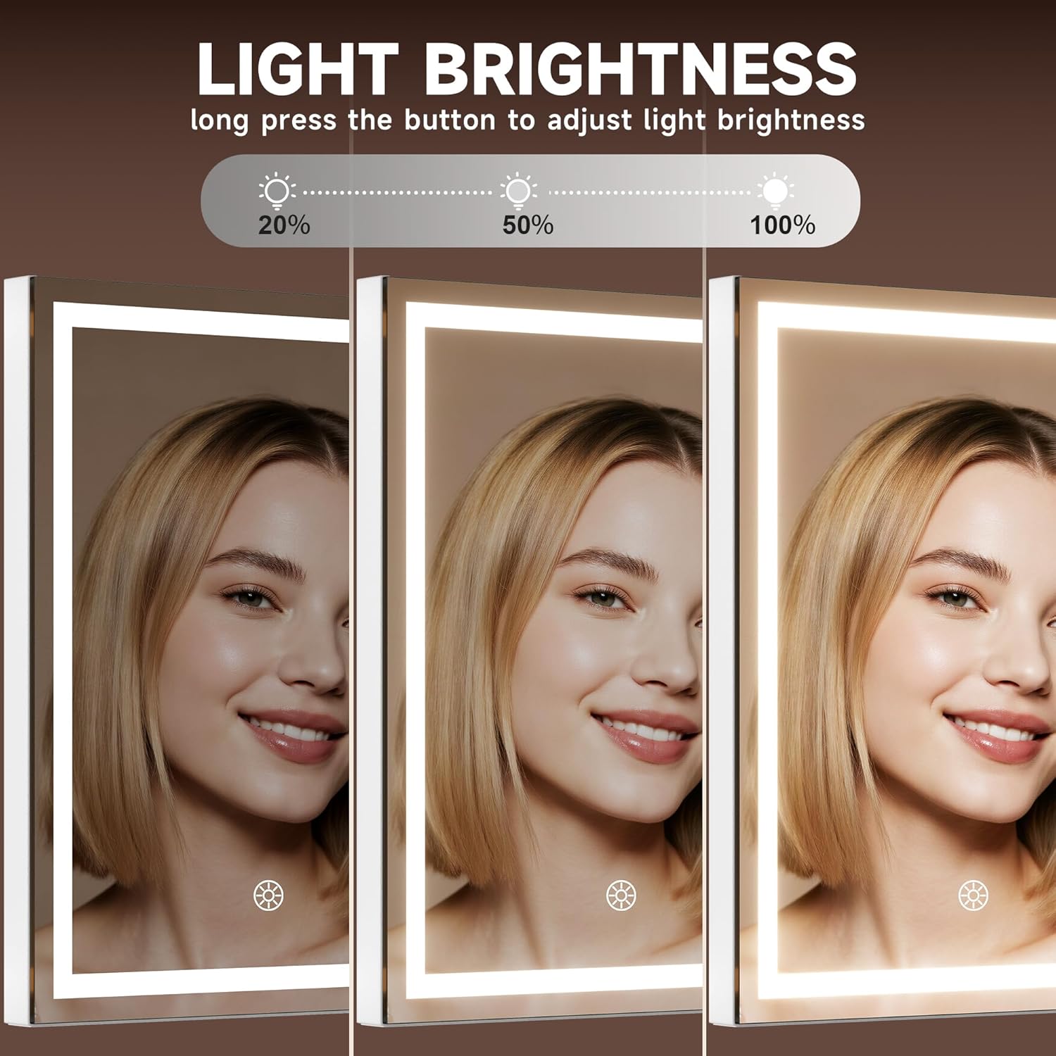 Woman using MINISO LED Makeup Mirror showing light brightness levels: 20%, 50%, and 100%