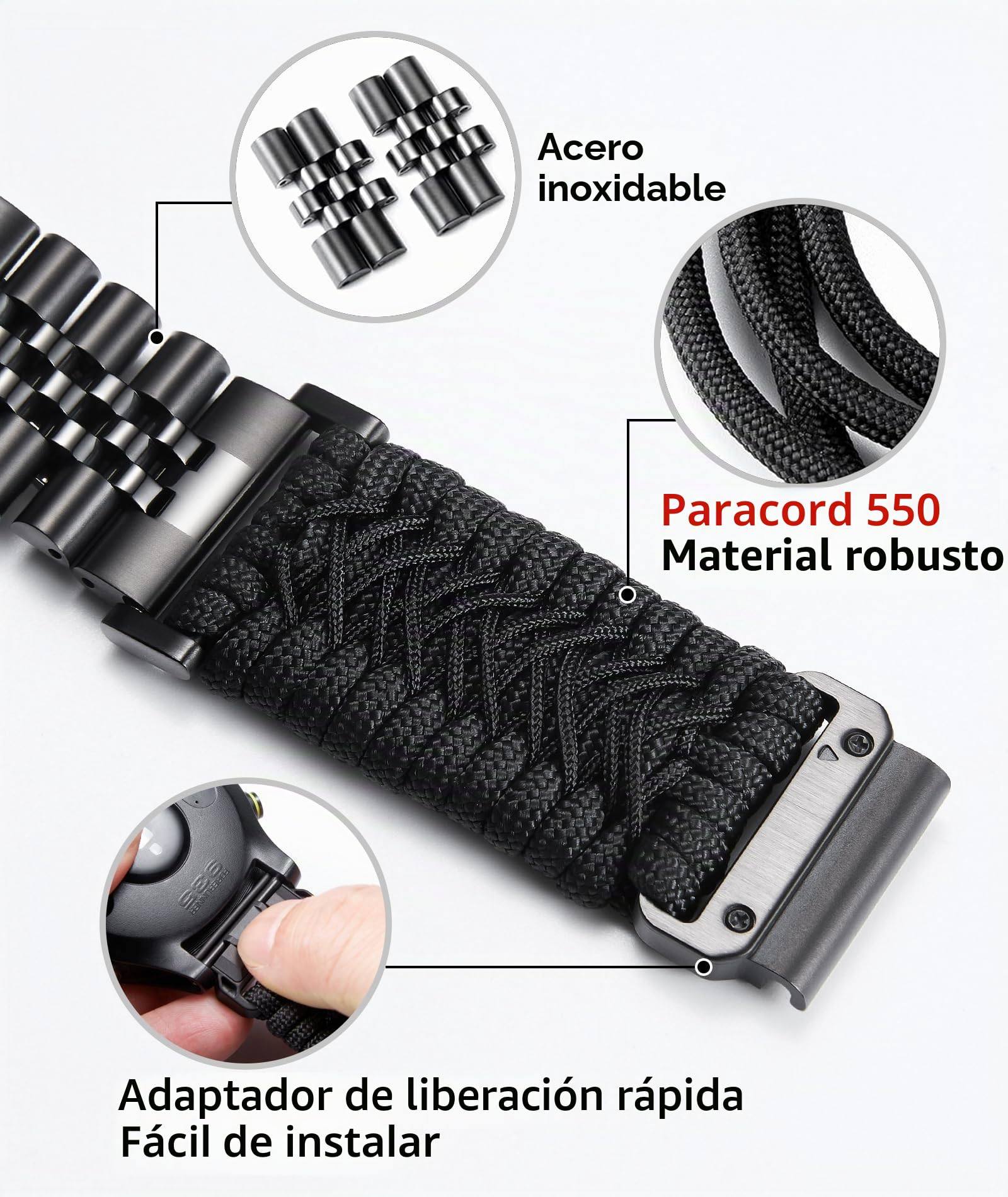 BINLUN Compatible con Garmin Correa 22mm 26mm Paracord 550 Trenzado Acero Correa de Repuesto Compatible con Quickfit Compatible con Fenix Compatible con Forerunner Compatible con Approach