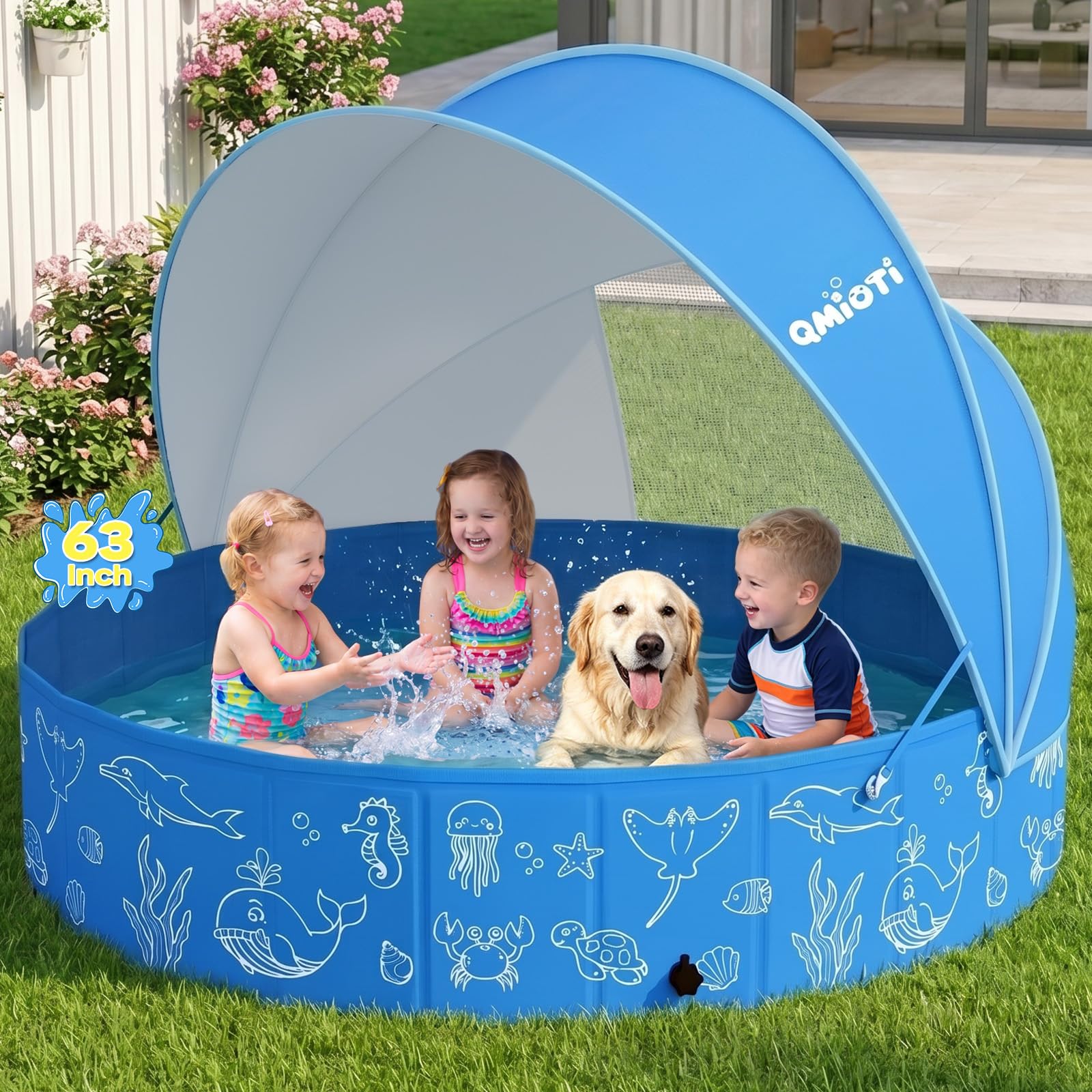 Amazon.com: Qmioti 63in Kiddie Pool with Canopy, Foldable Kids