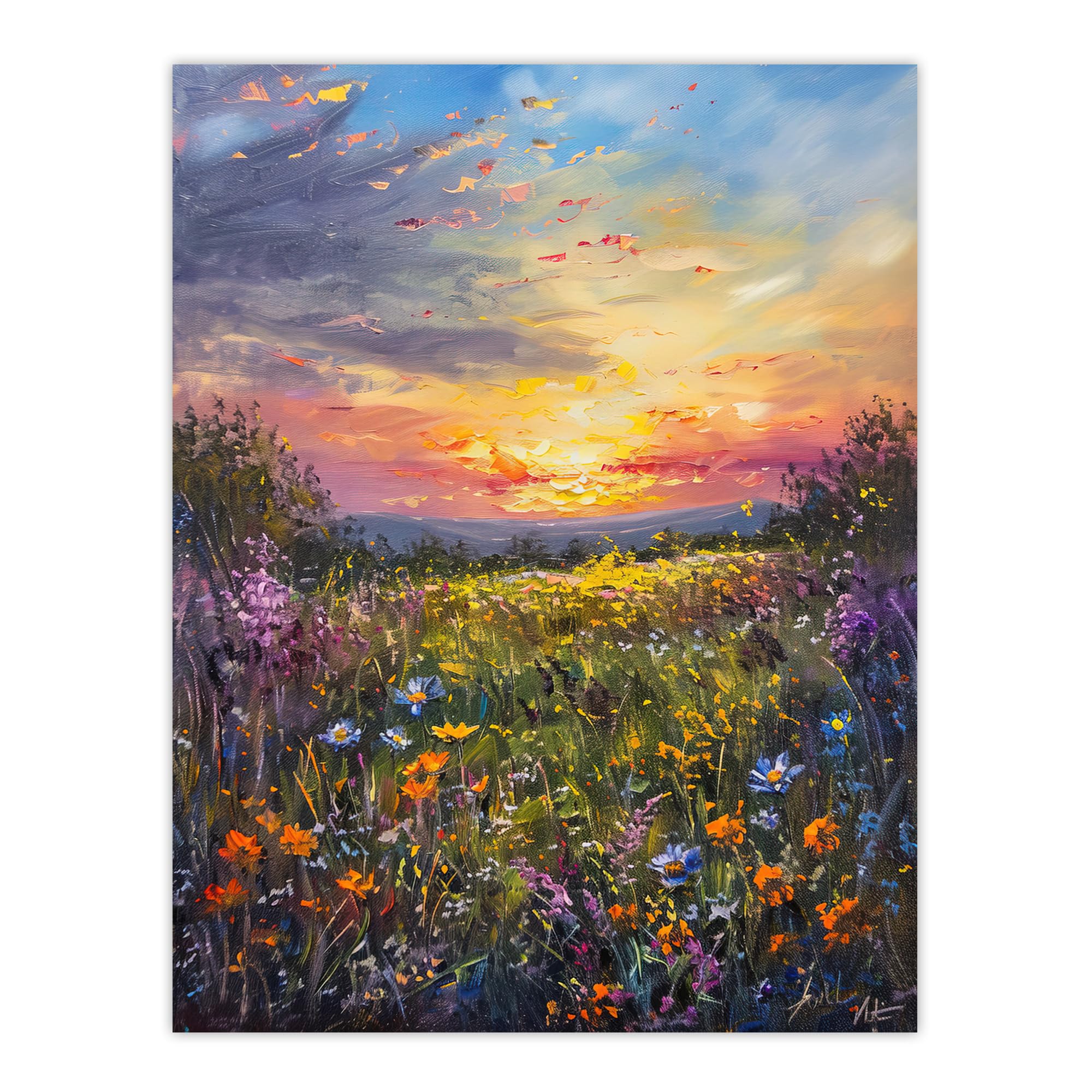 Wildflower Meadow at Sunset Oil Painting Summer Wall Art Poster Print