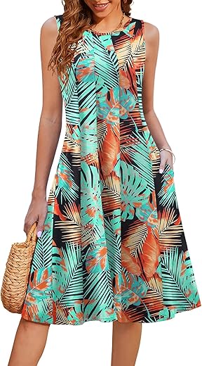 Hotouch Sommerkleider Für Damen Boho Falten Midikleid Elegant Rundhals Blumendruck Strandkleid Ärmelloses T-Shirt Kleid Sommer Midikleid Mit Taschen Muster 116 S