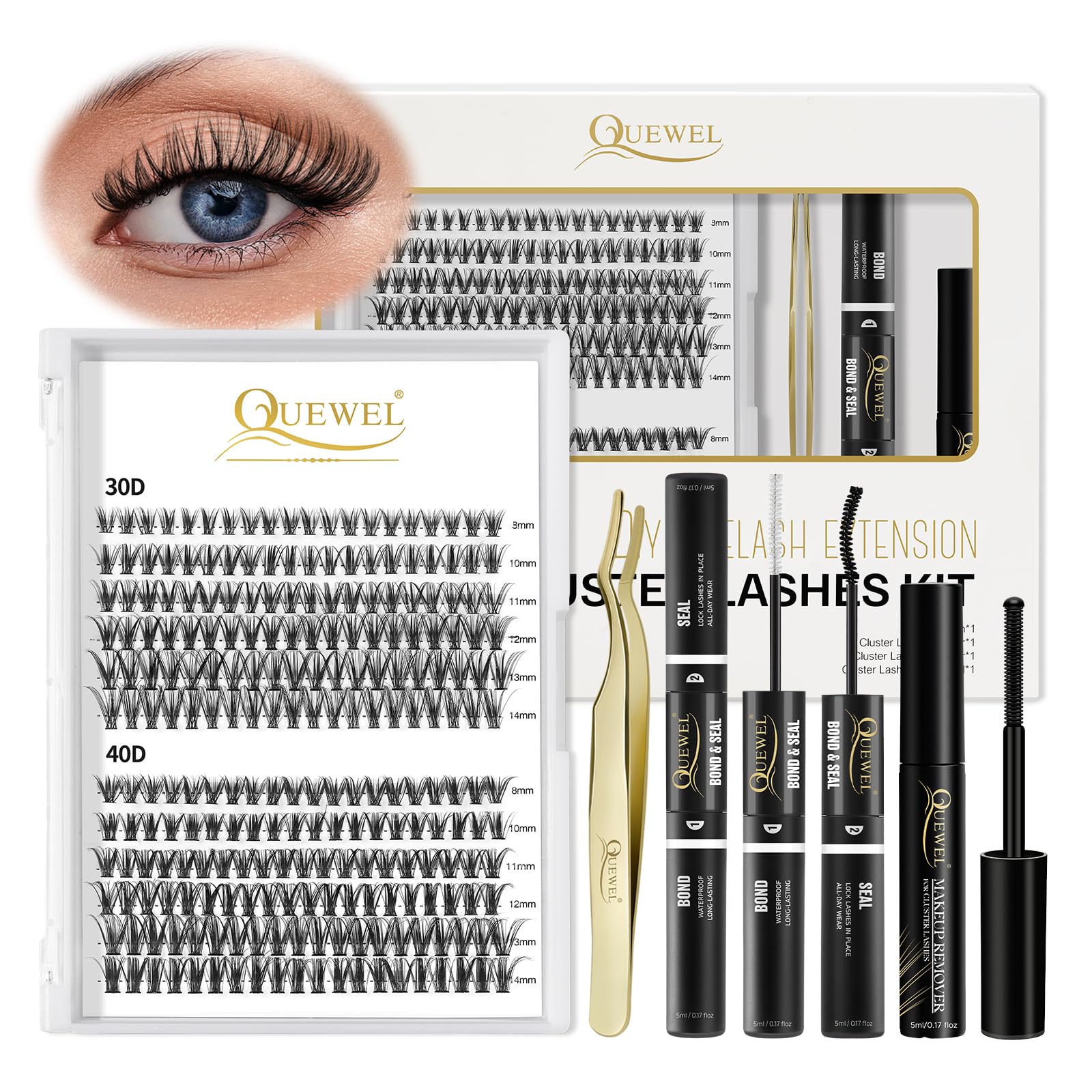 Individual Lashes 240 Cluster Lashes QUEWEL DIY Lash Extensions Kit, Clusters Eyelash Applicator, Cluster Lashes Bond and Seal Super Hold, Clusters Lash Glue Remover Easy to Remove(30D+40D D MIX8-14)