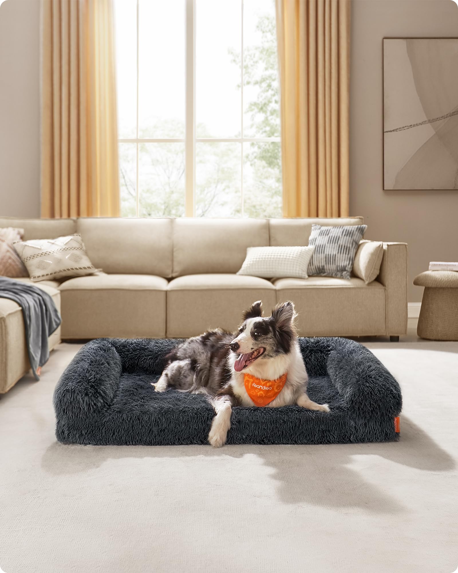 Feandrea FluffyHug Cuccia per Cani, Taglia XL, Divano Letto per Cani di Taglia Media e Grande, di Gommapiuma Ondulata, Copertura Lavabile Sfoderabile, 106 x 80 x 23 cm, Grigio Scuro PGW233G02