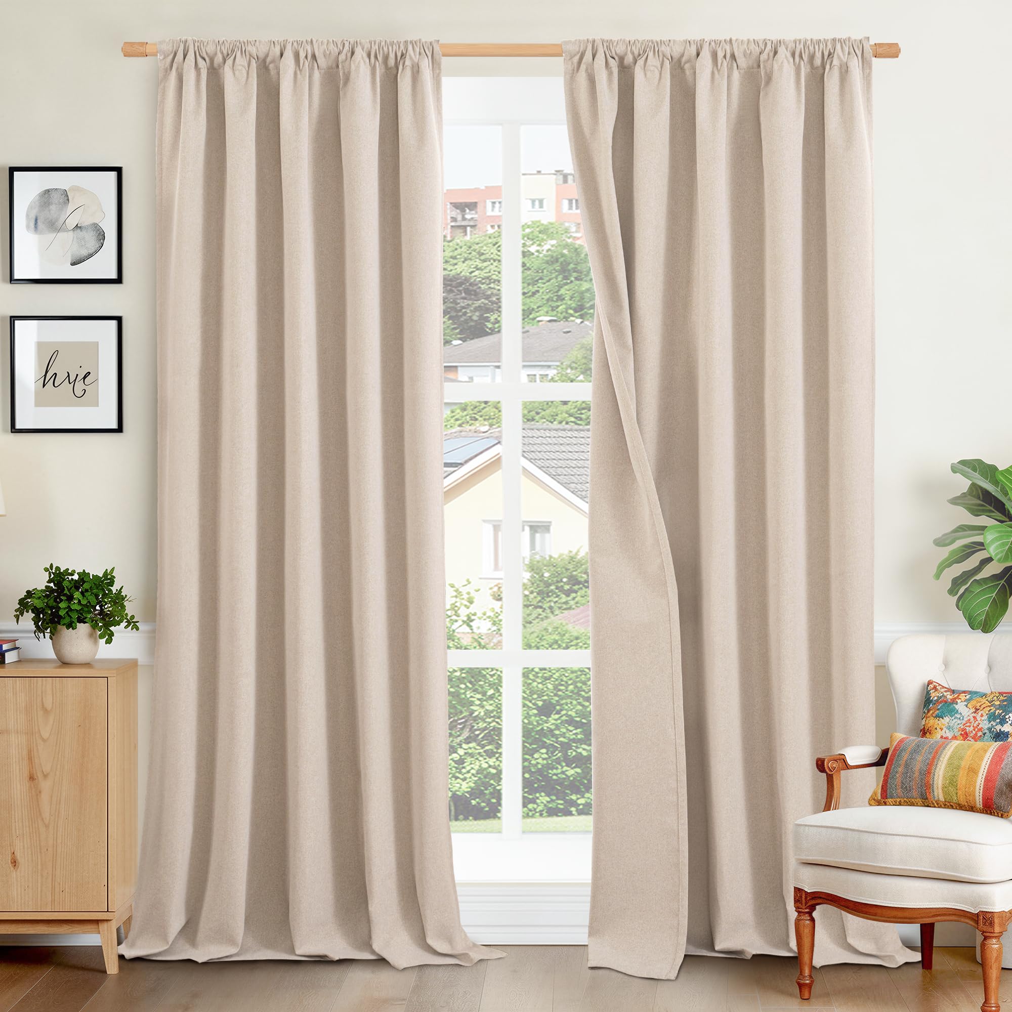 Photo 1 of BGment 96 Inches Long Natural Linen Blackout Curtains for Living Room, Light Blocking Drapes Privacy for Bedroom Window Darkening Floor Length Rod Pocket Thermal Insulated, 2 Panels, Each 52 Inch Wide
