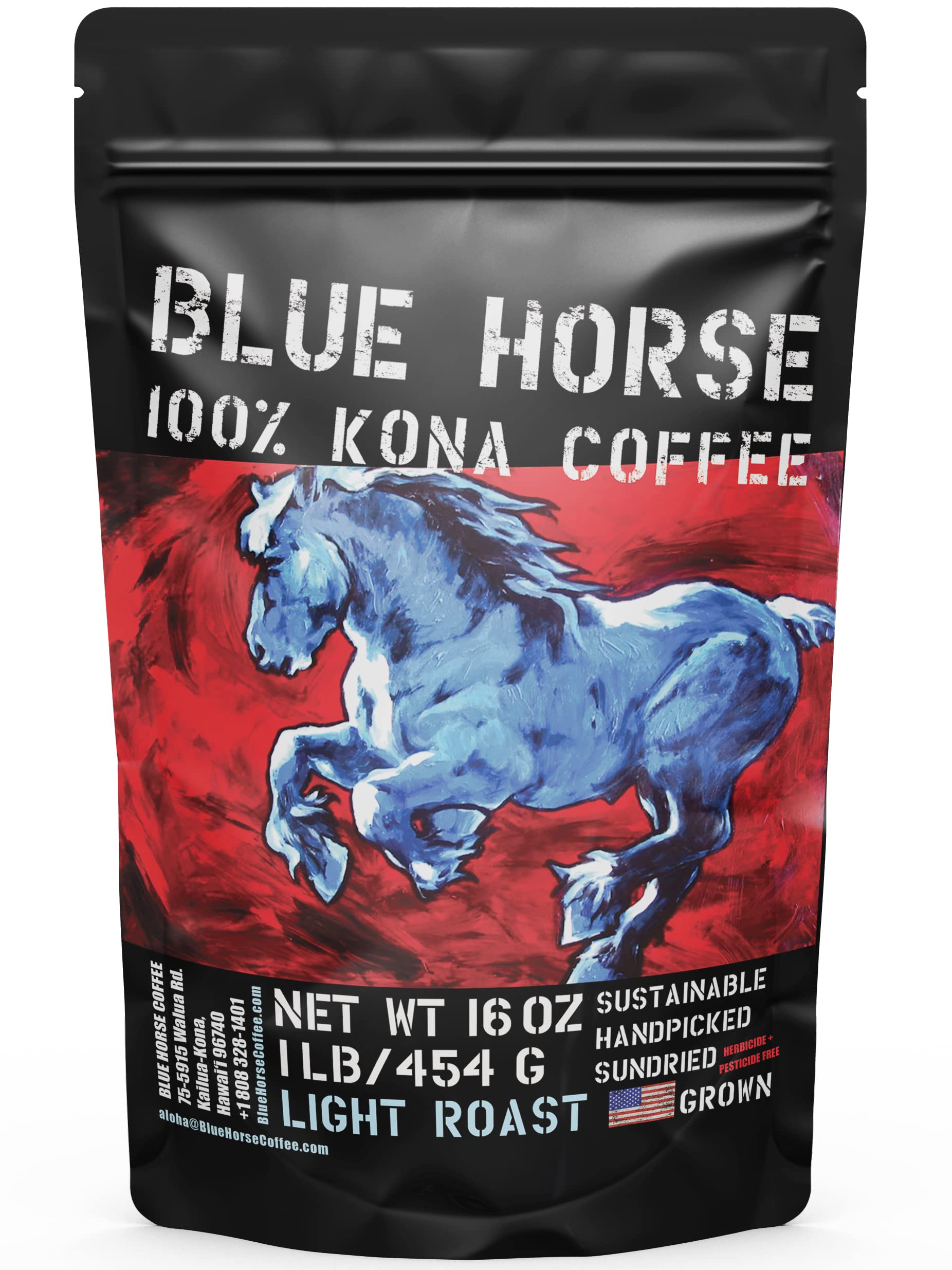 Blue Horse 100% Kona Coffee, Light Roast, Arabica Whole Beans, 1 lb (16 oz) Bag, Farm Fresh, Authentic Hawaiian Coffee from the Big Island