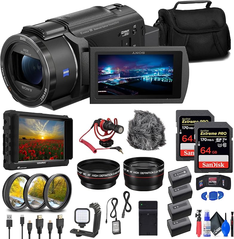 Sony FDR-AX43 UHD 4K Handycam Camcorder (FDRAX43/B) + 4K Monitor + 2 x 64GB Card + 3 x NP-FV70 Battery + Filter Kit + Wide Angle Lens + Telephoto Lens + Bag + Charger + Card Reader + More (Renewed) | For Video Production & Events | Includes Wide Angle Lens + 2x 64GB Cards + Filter Kit + Monitor + 3x NP-FV70 Batteries + More
