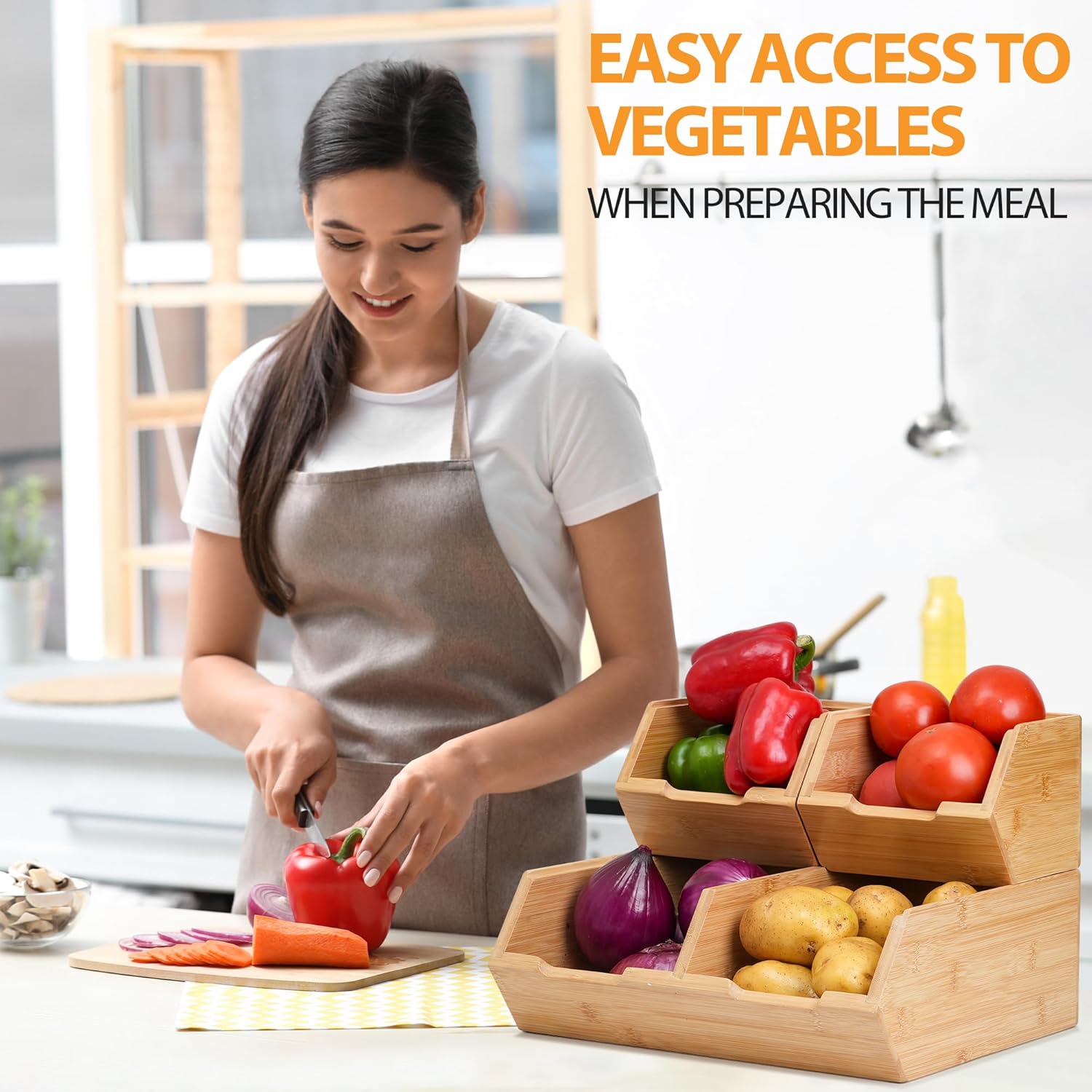 Bamboo Pantry Storage Bins, Stackable Potato and Onion Storage, Pantry Produce Organizer for Fruit and Vegetable - Image 4