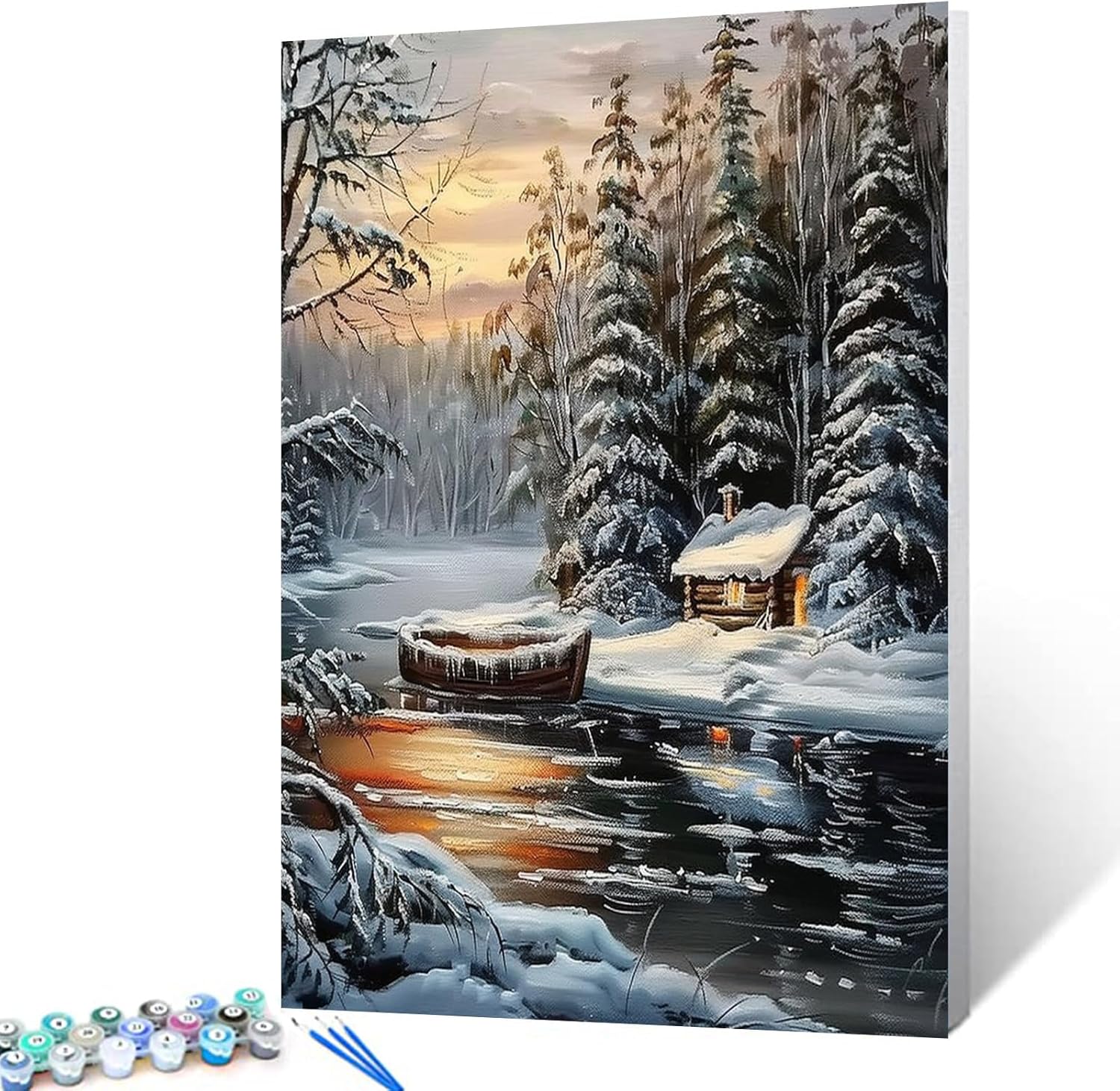 winter snow scenery paint by numbers kits 16x20 inch canvas abandon wooden boat diy oil painting for kids, adults beginner fantasy forest artwork with brushes, home decor nordics gift(diy frame) 16''wx20'h(diy frame) artwork-14